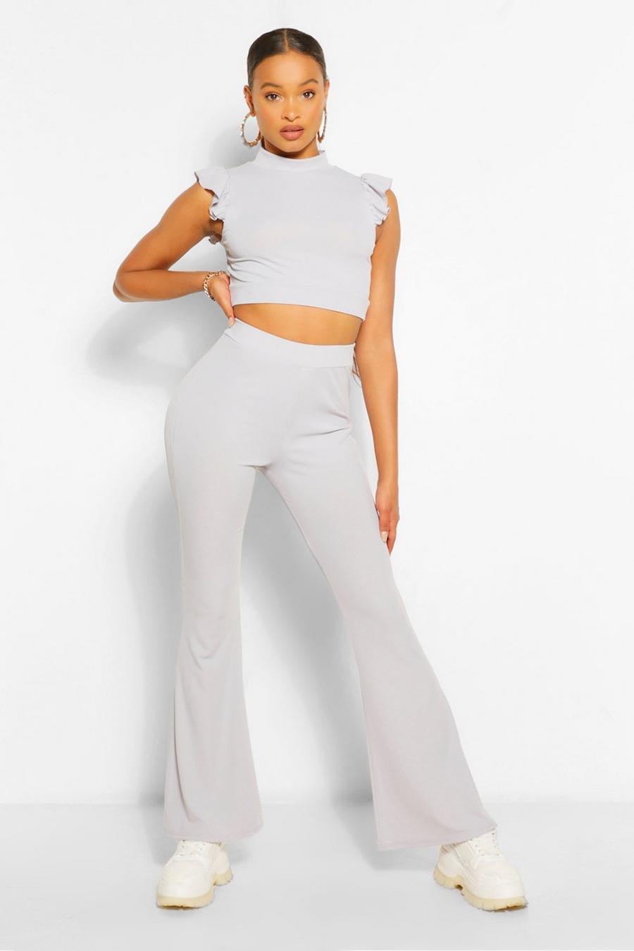 Silver grey Frill Shoulder Top and Flare Trouser Co-ord image number 1