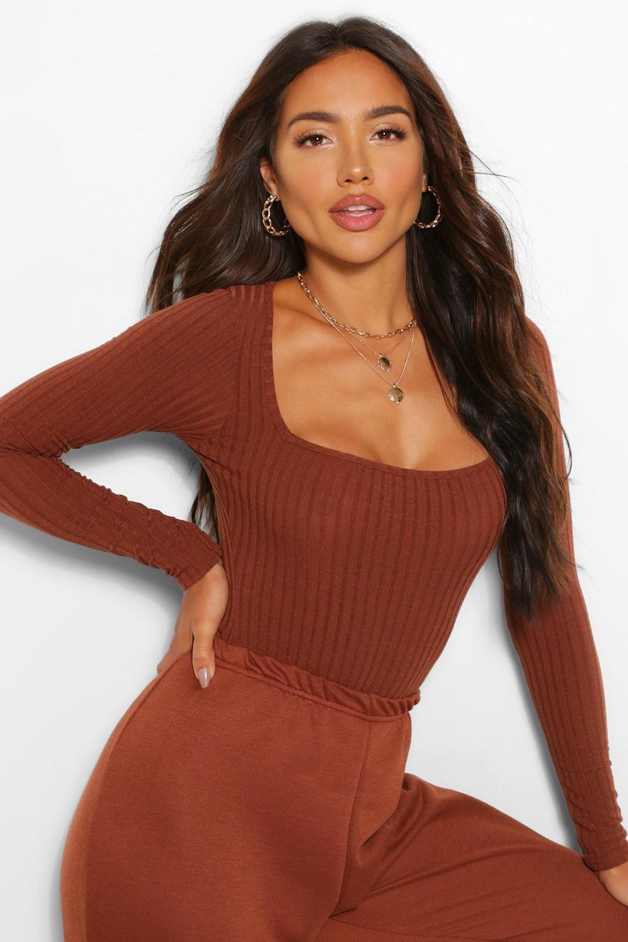 Chocolate Square Neck Rib Knitted Bodysuit image number 1