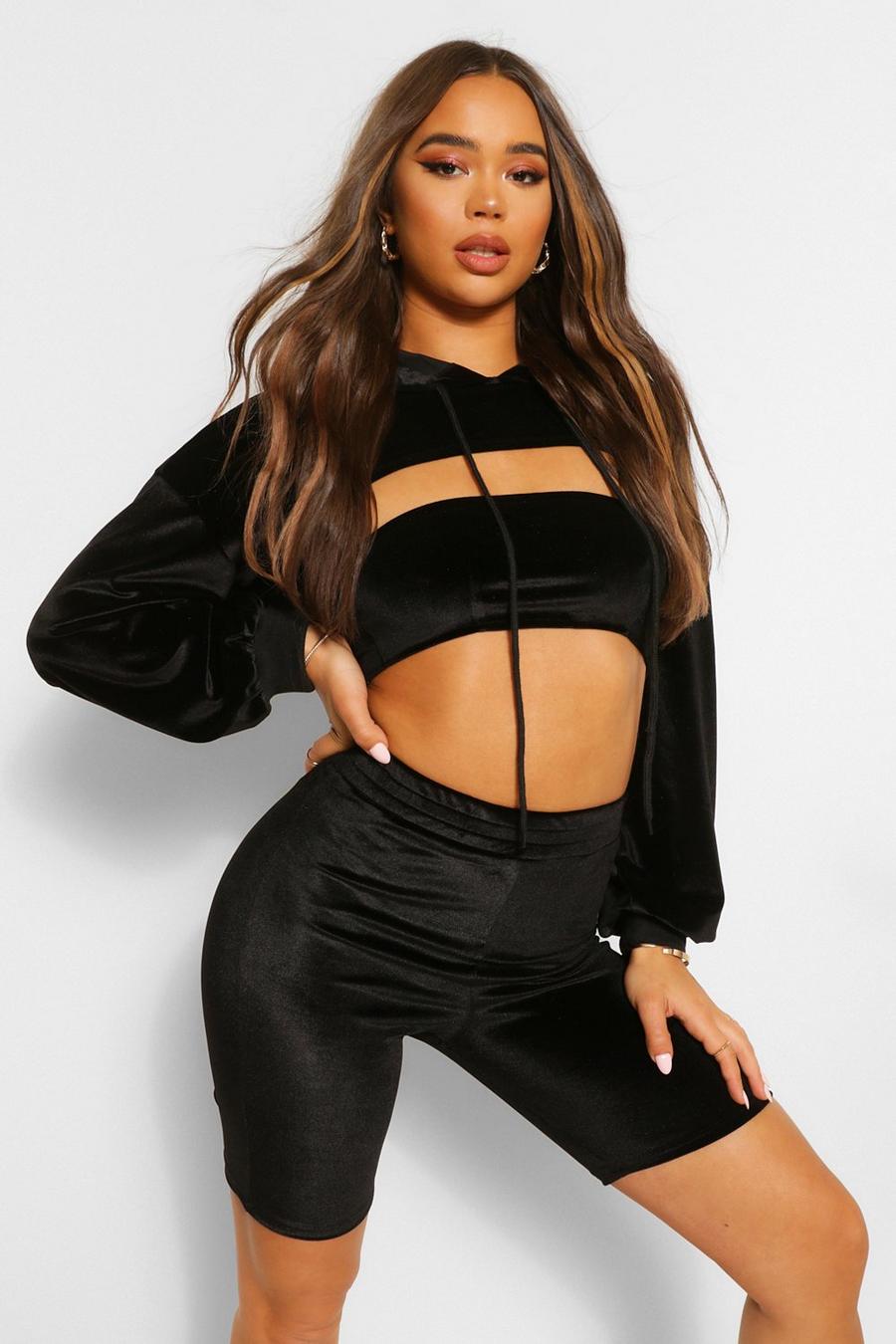 Black High Waisted Velour Cycle Shorts image number 1