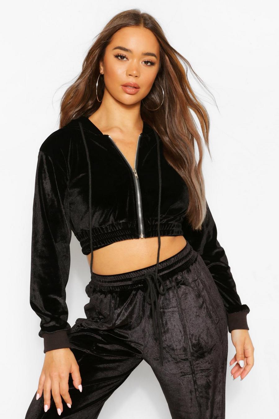 Black Deep Waistband Cropped Velour Hoodie image number 1