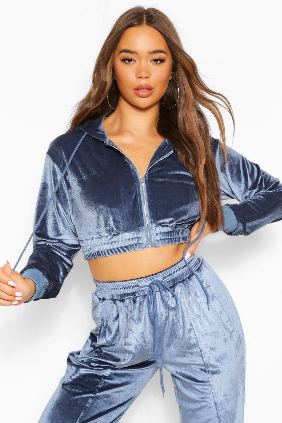 Dusty blue Deep Waistband Cropped Velour Hoodie image number 1