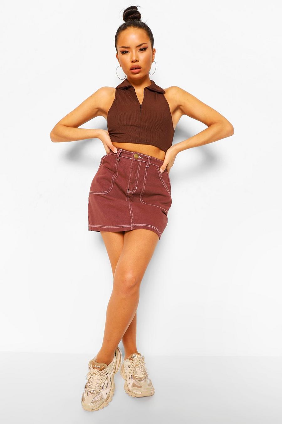 Chocolate Contrast Stitch Denim Skirt image number 1