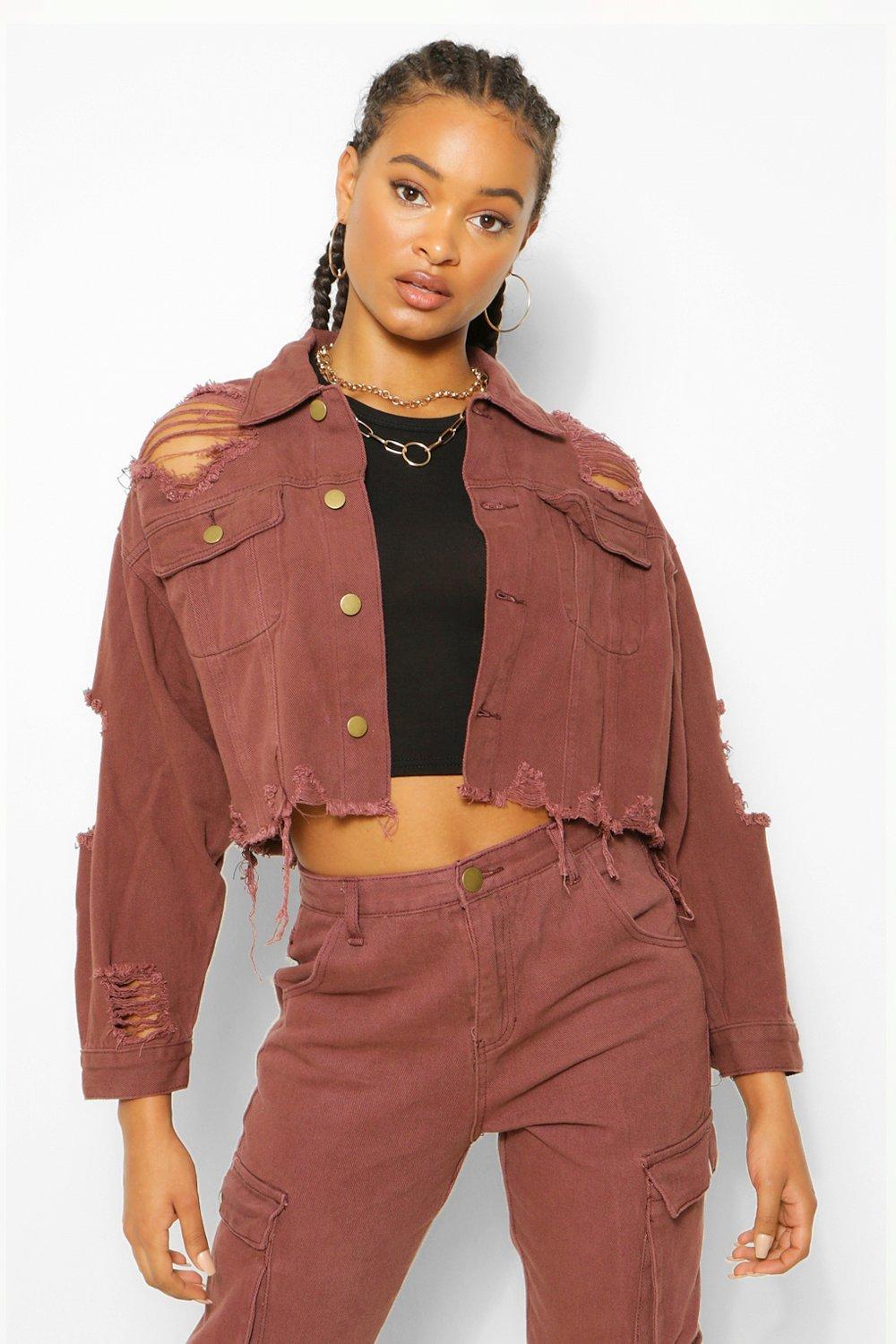 Burgundy cropped 2025 denim jacket