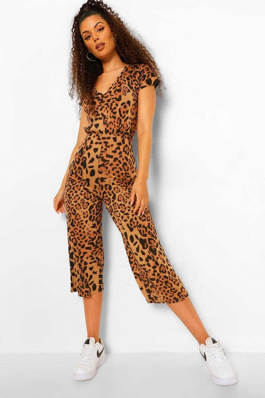 Culottes-Jumpsuit mit Gürtel und Leopardenmuster, Lohbraun image number 1