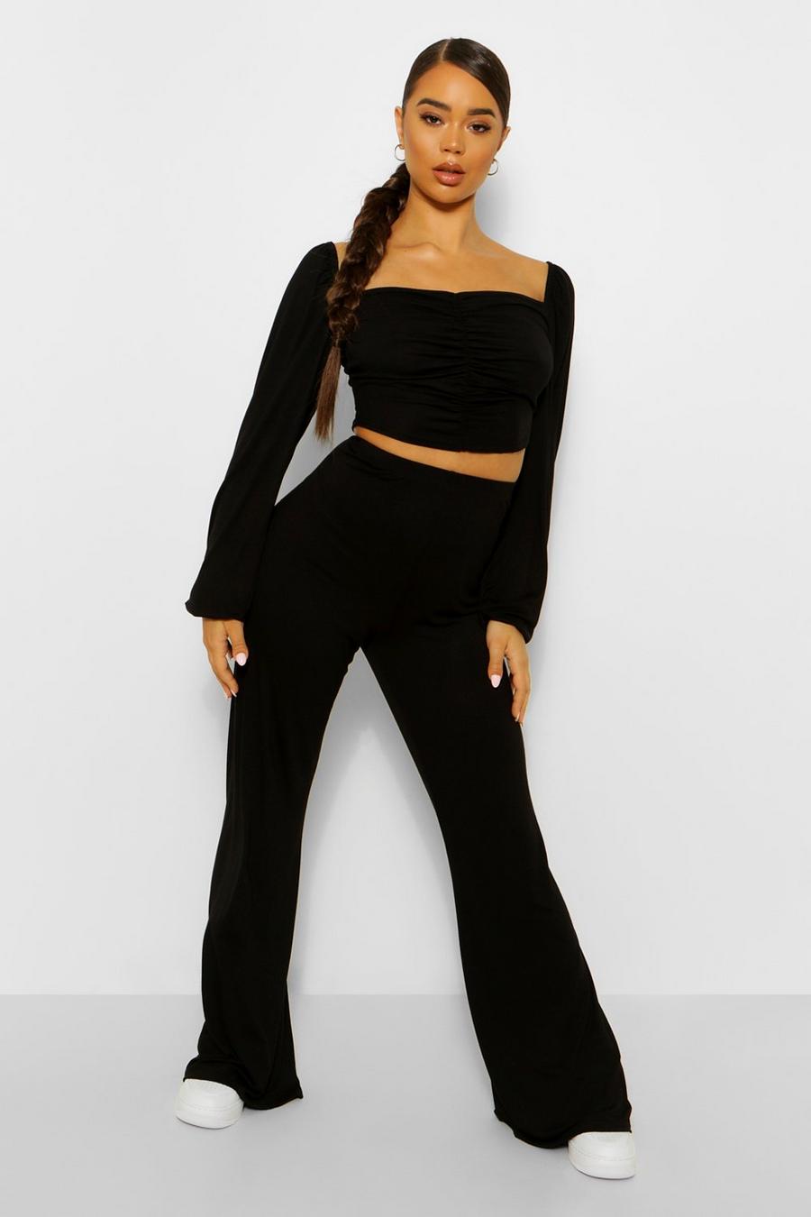 Black Gathered Front Top And Wide Leg Pants Co-Ord image number 1