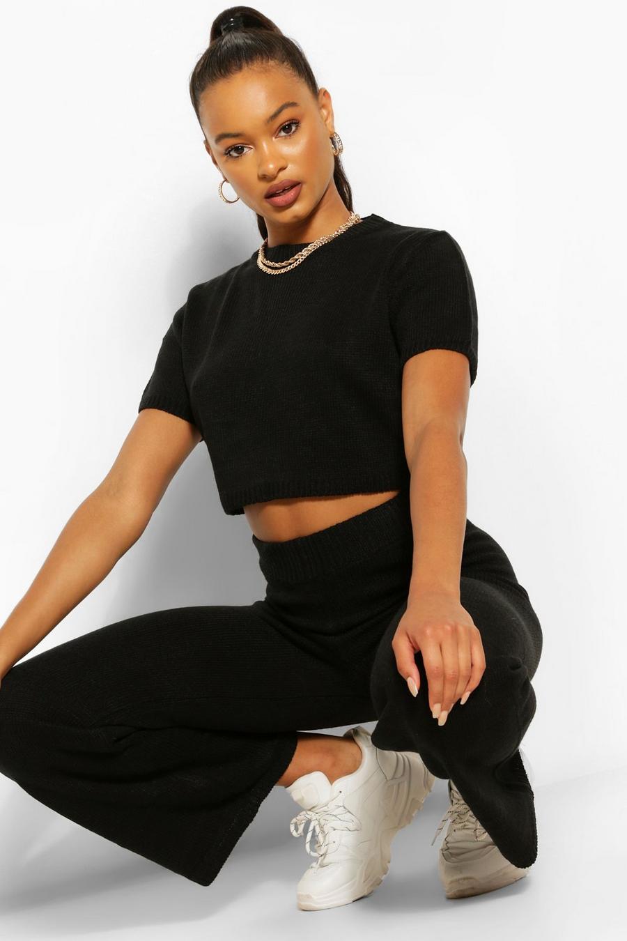 Black Knitted Top And Wide Leg Pants Co-Ord image number 1