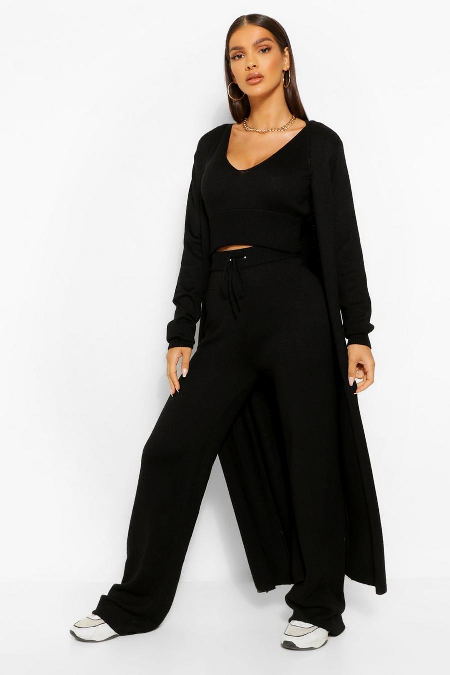 3 Piece Knitted Top Cardigan And Legging Co-ord Set, Black image number 1