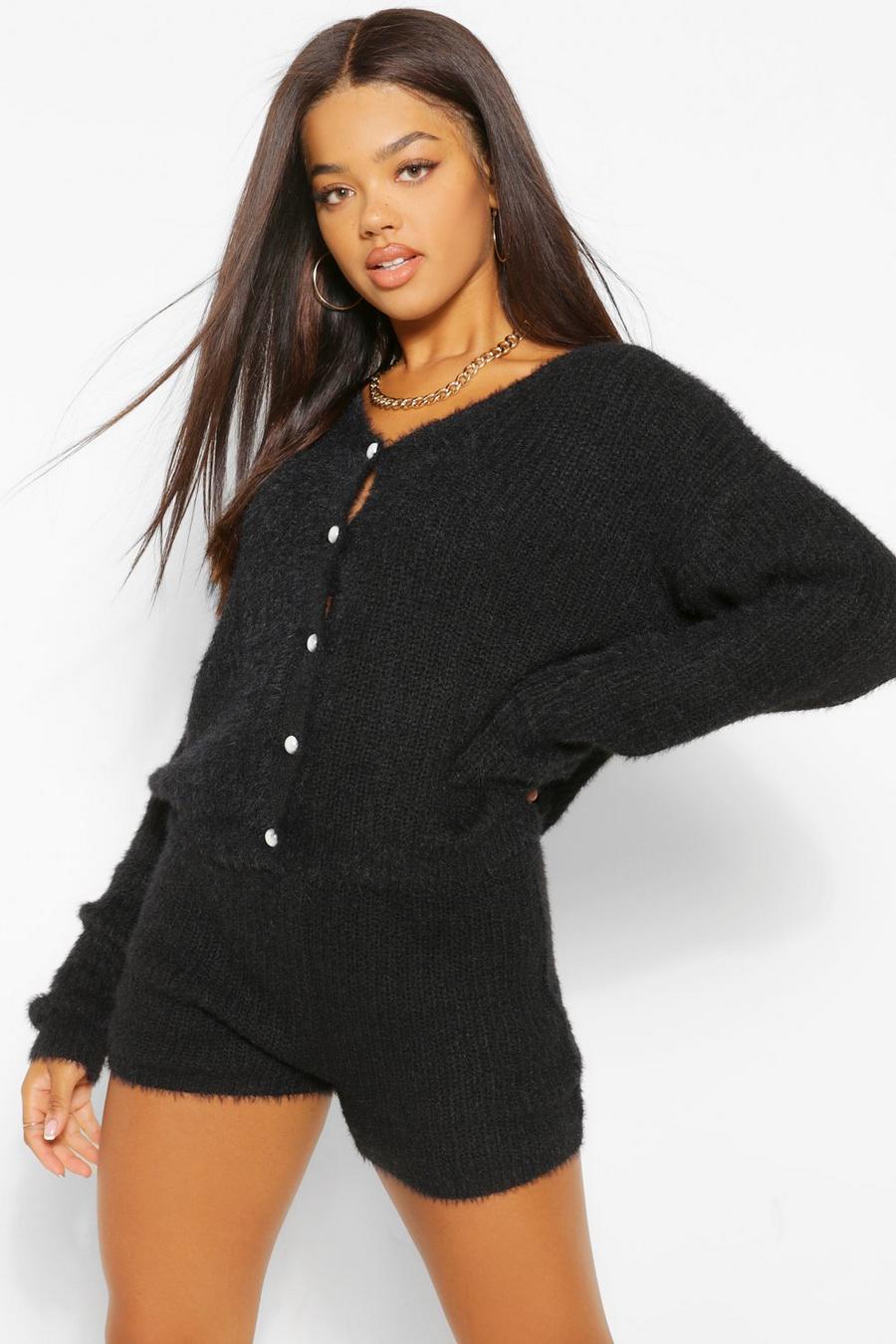 Black Textured Knitted Button Cardigan and Shorts Set image number 1