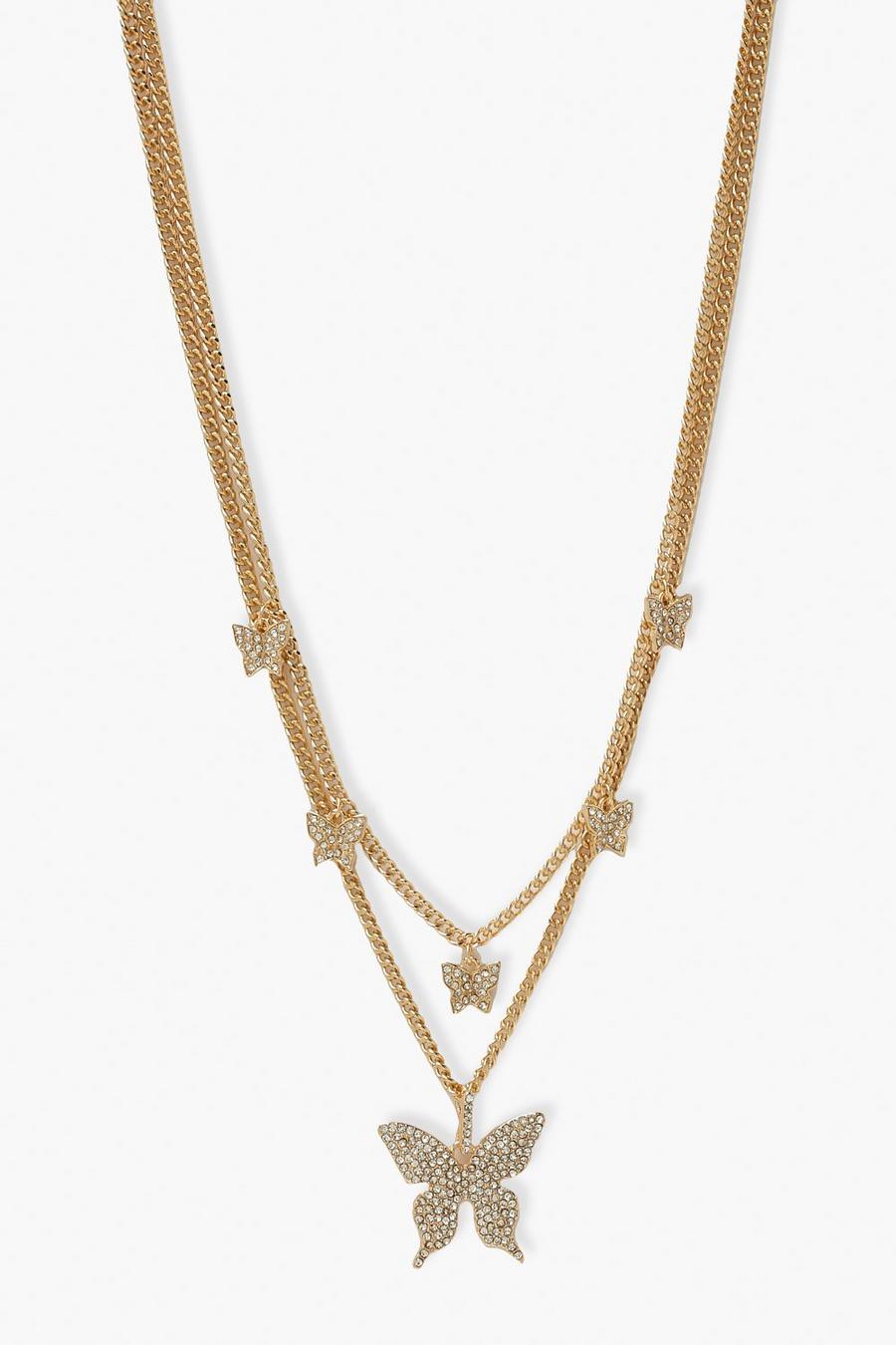 Mehrreihige Glam-Halskette mit Strass und Schmetterling, Gold image number 1