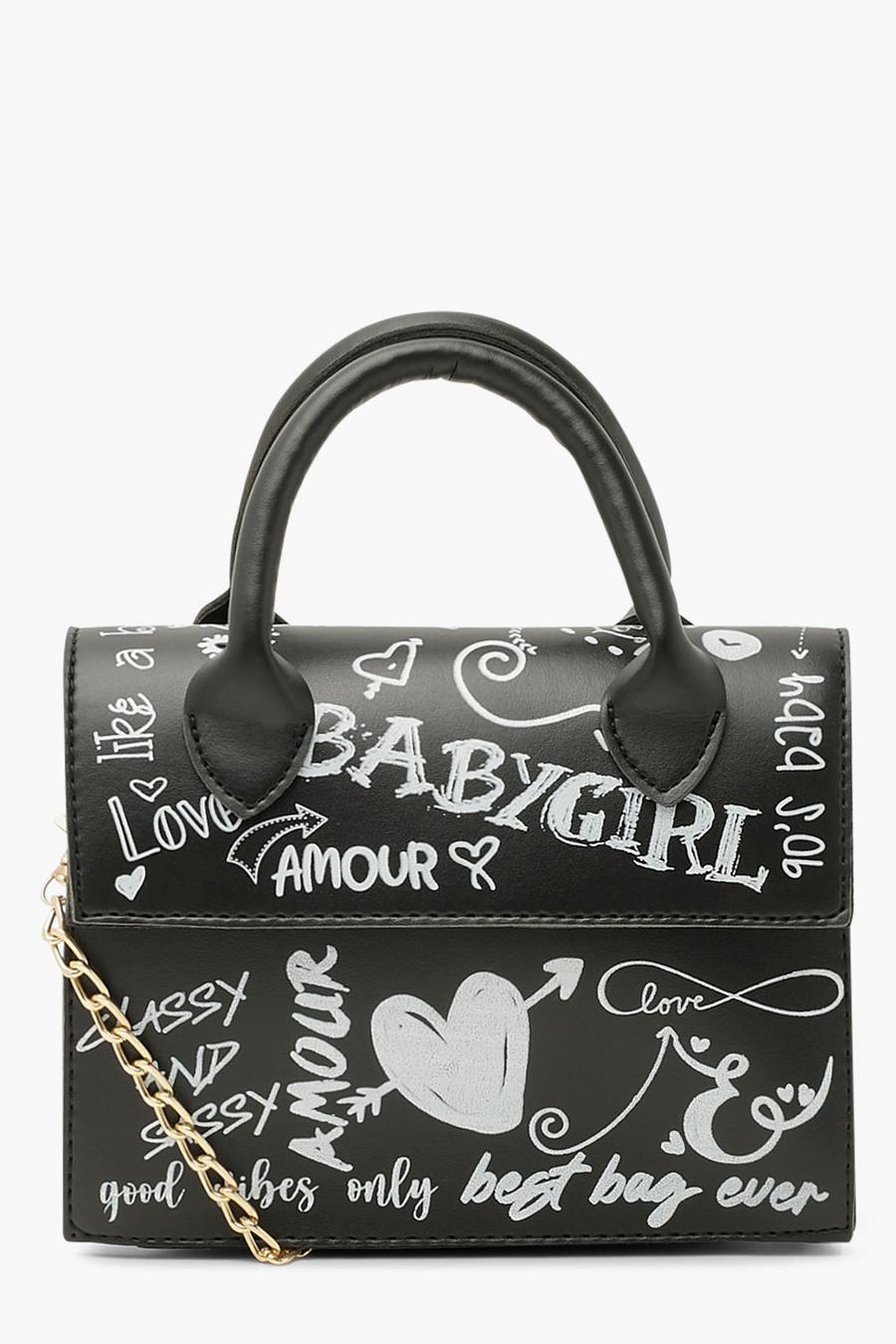 Black All Over Graffiti Slogan Crossbody Grab Bag image number 1