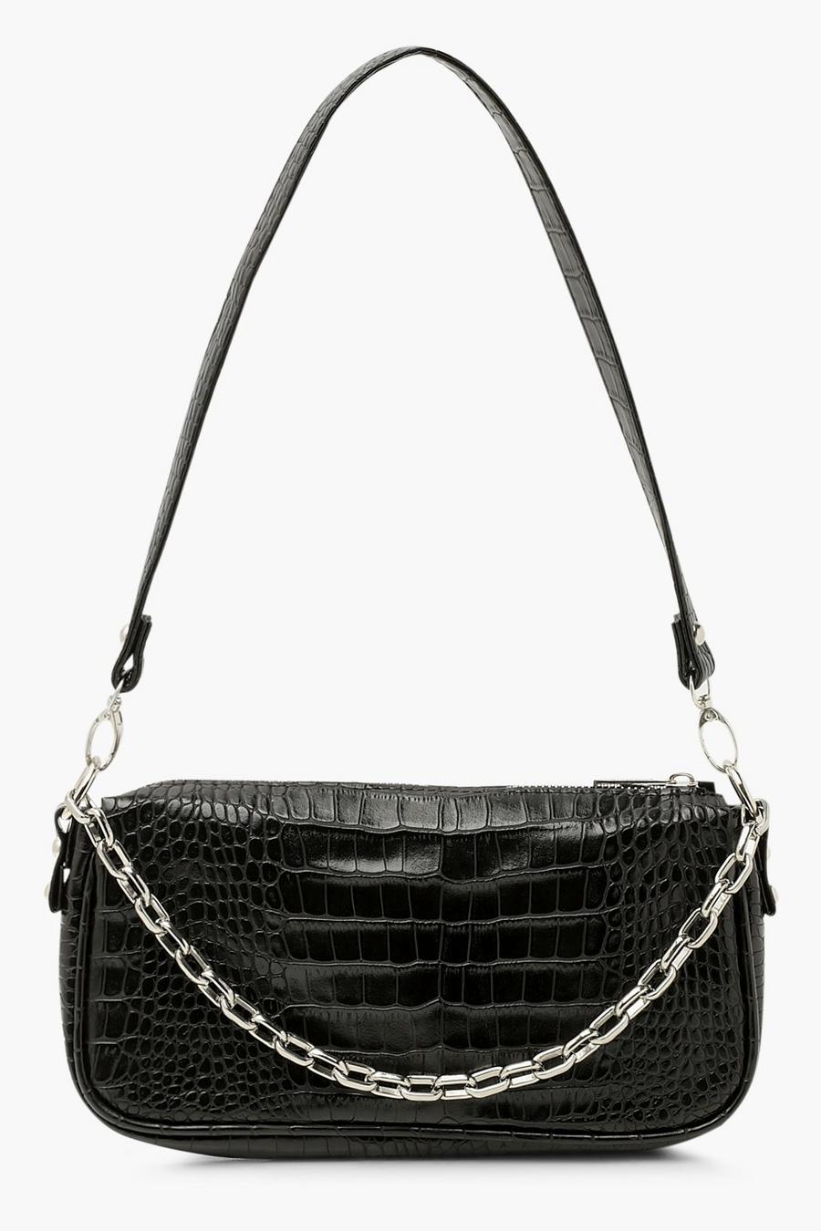 Black Chain Detail Croc Shoulder Bag image number 1