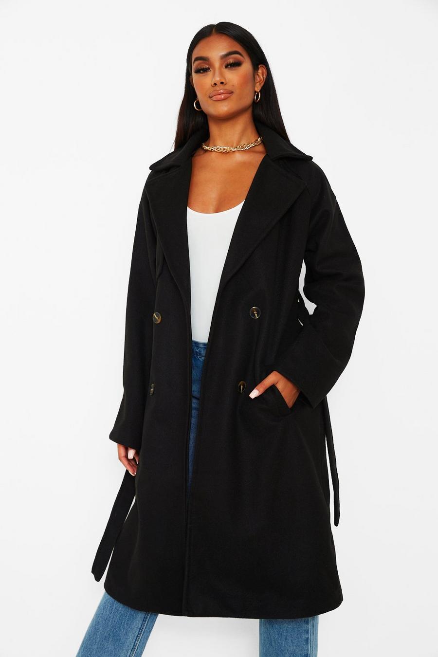 Black Wool look belted trench coat image number 1