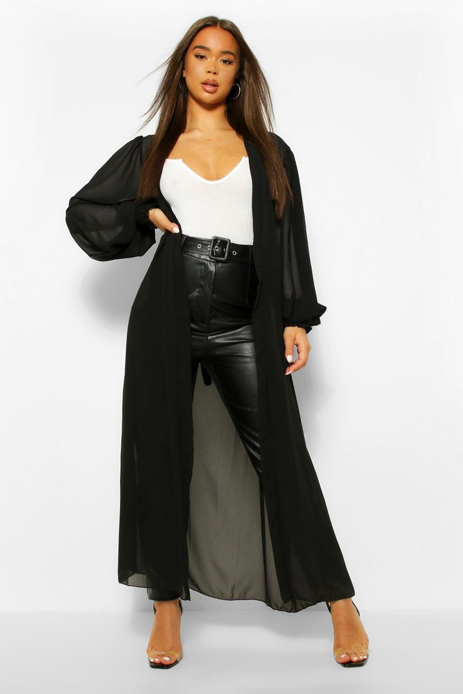 Woven shirred cuff belted maxi kimono image number 1
