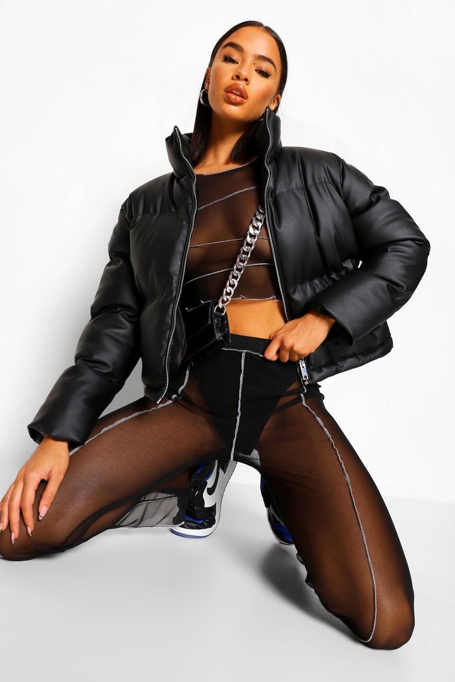 Black Faux Leather Puffer Jacket image number 1