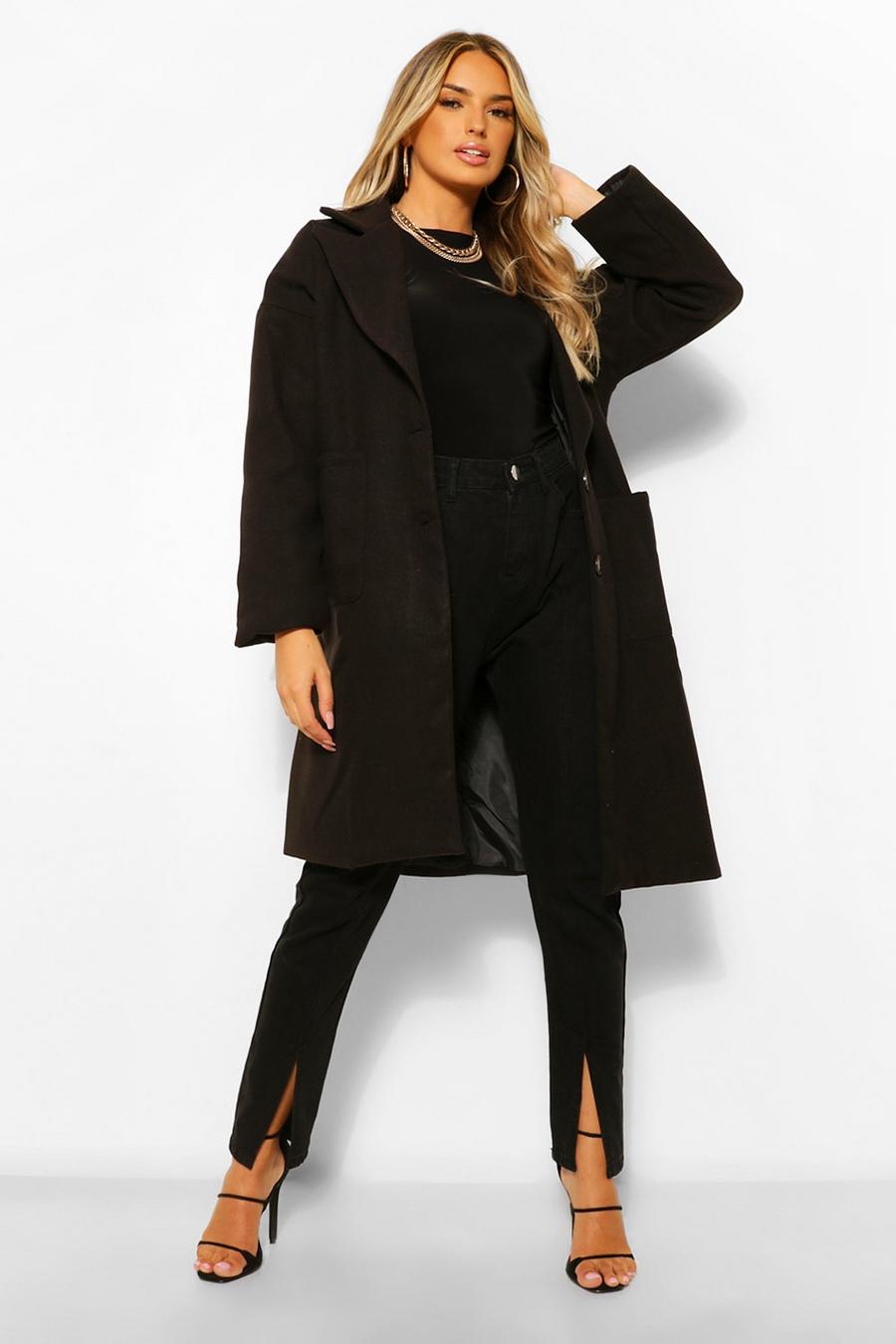 Black Oversized Collared Wool Look Coat image number 1
