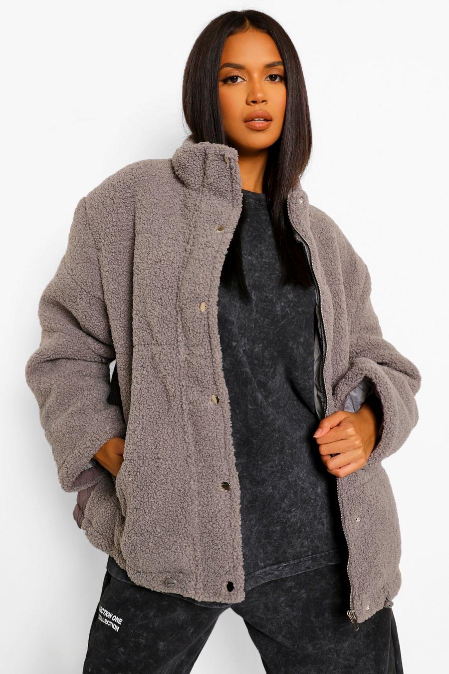 Grey Teddy Faux Fur Mix Oversized Puffer Jacket image number 1