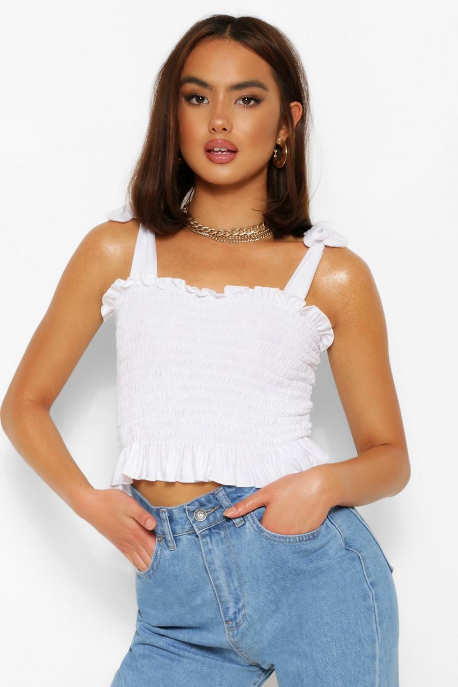 White Crop top med smock och knytband image number 1