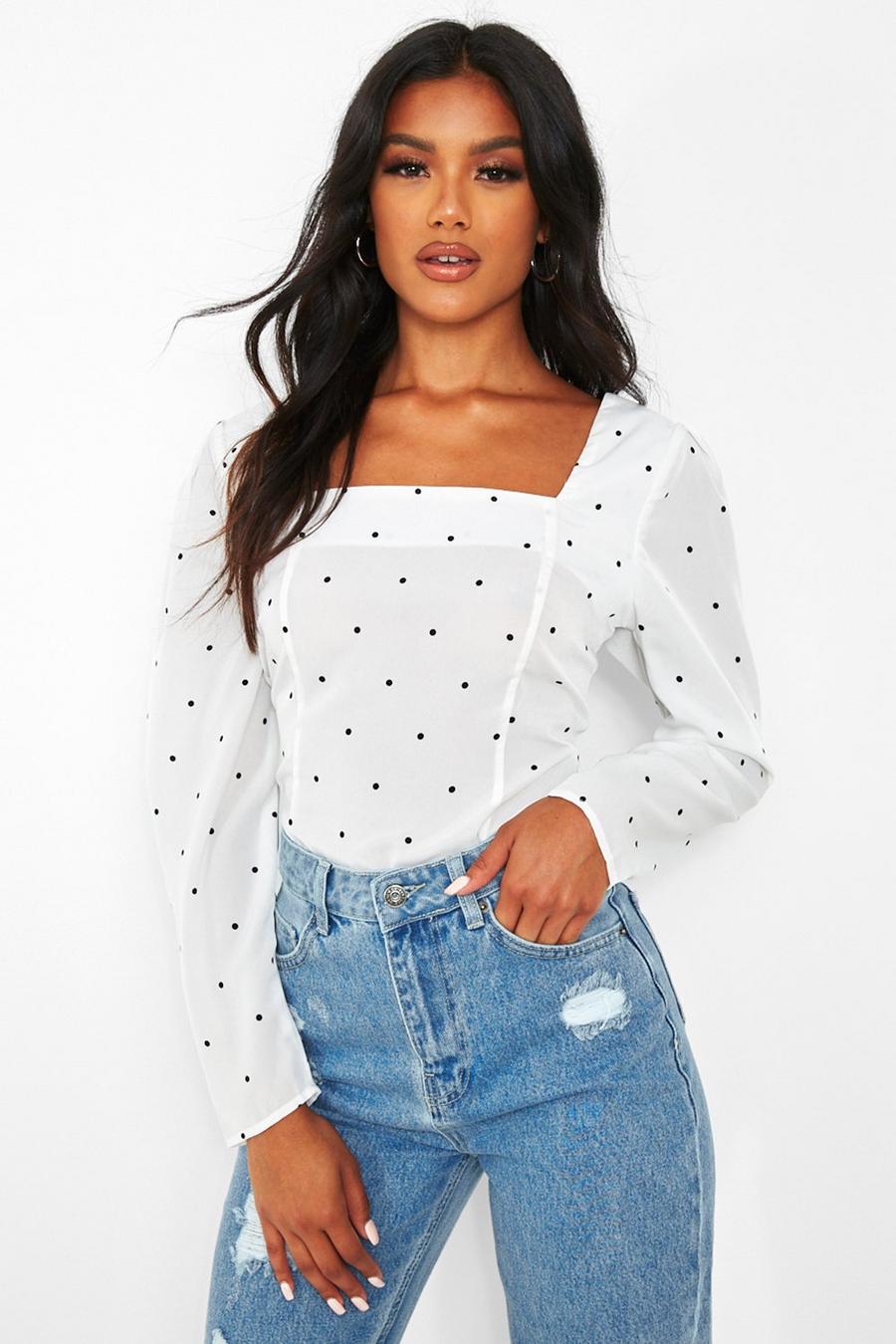 White Polka Dot Puffle Sleeve Top image number 1