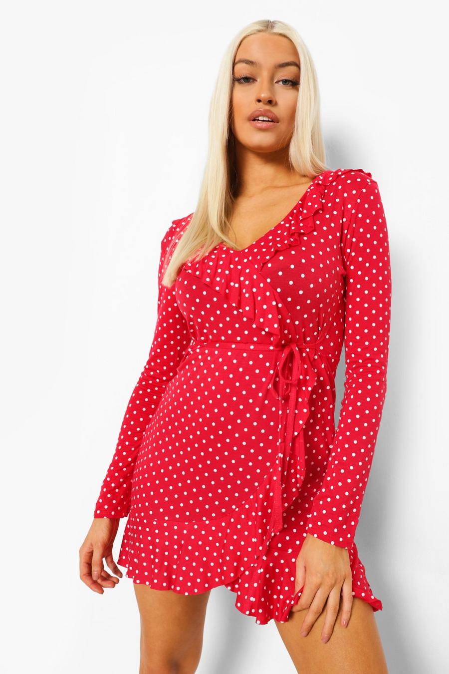Red Long sleeve Polka Dot Ruffle Tea Dress image number 1