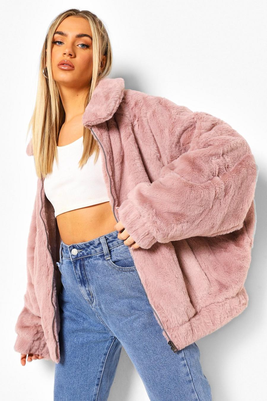 Pink Faux Fur Bomber Jacket image number 1