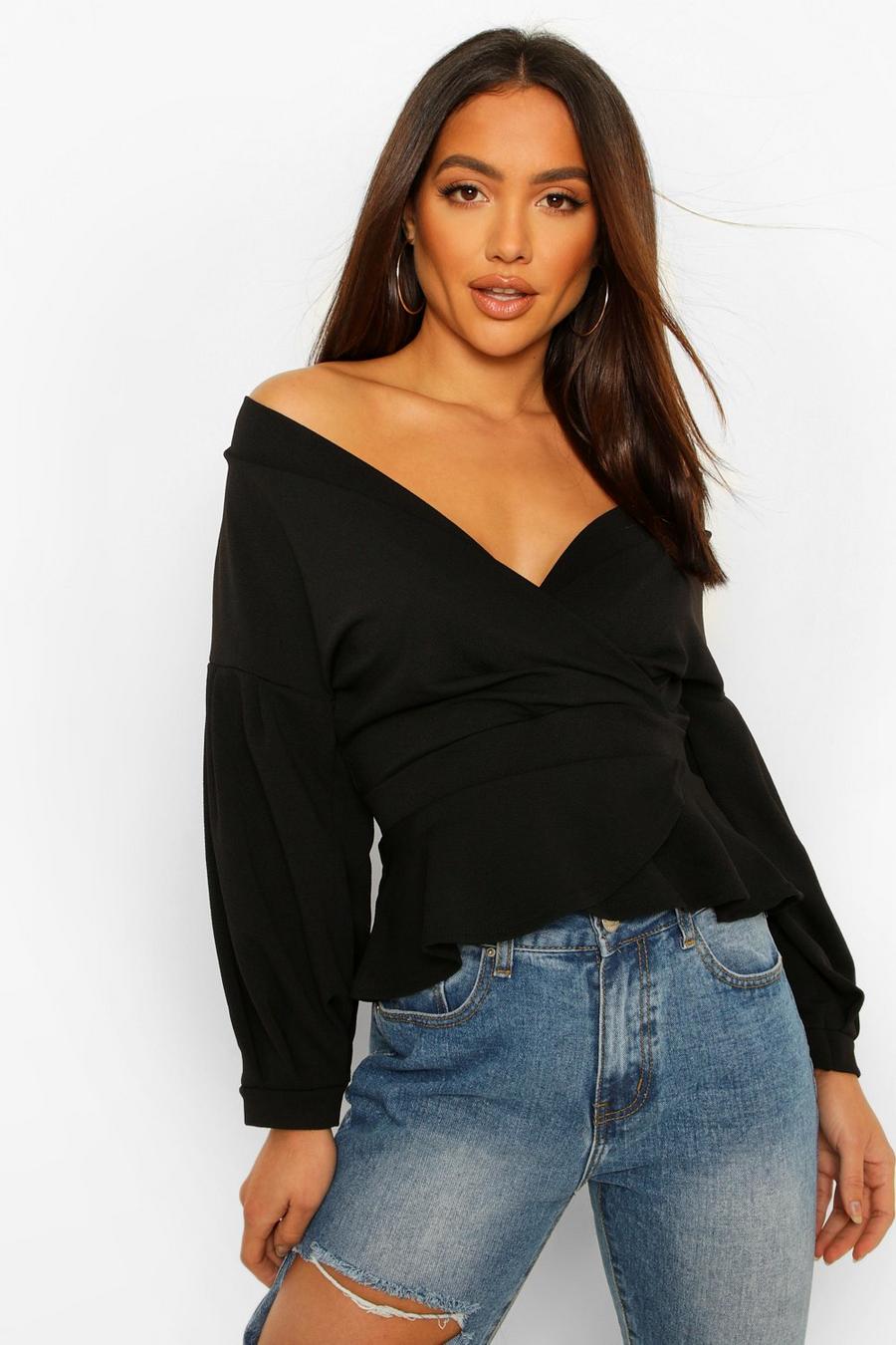 Black Off Shoulder Wrap Top With Peplum And Tie Waist image number 1