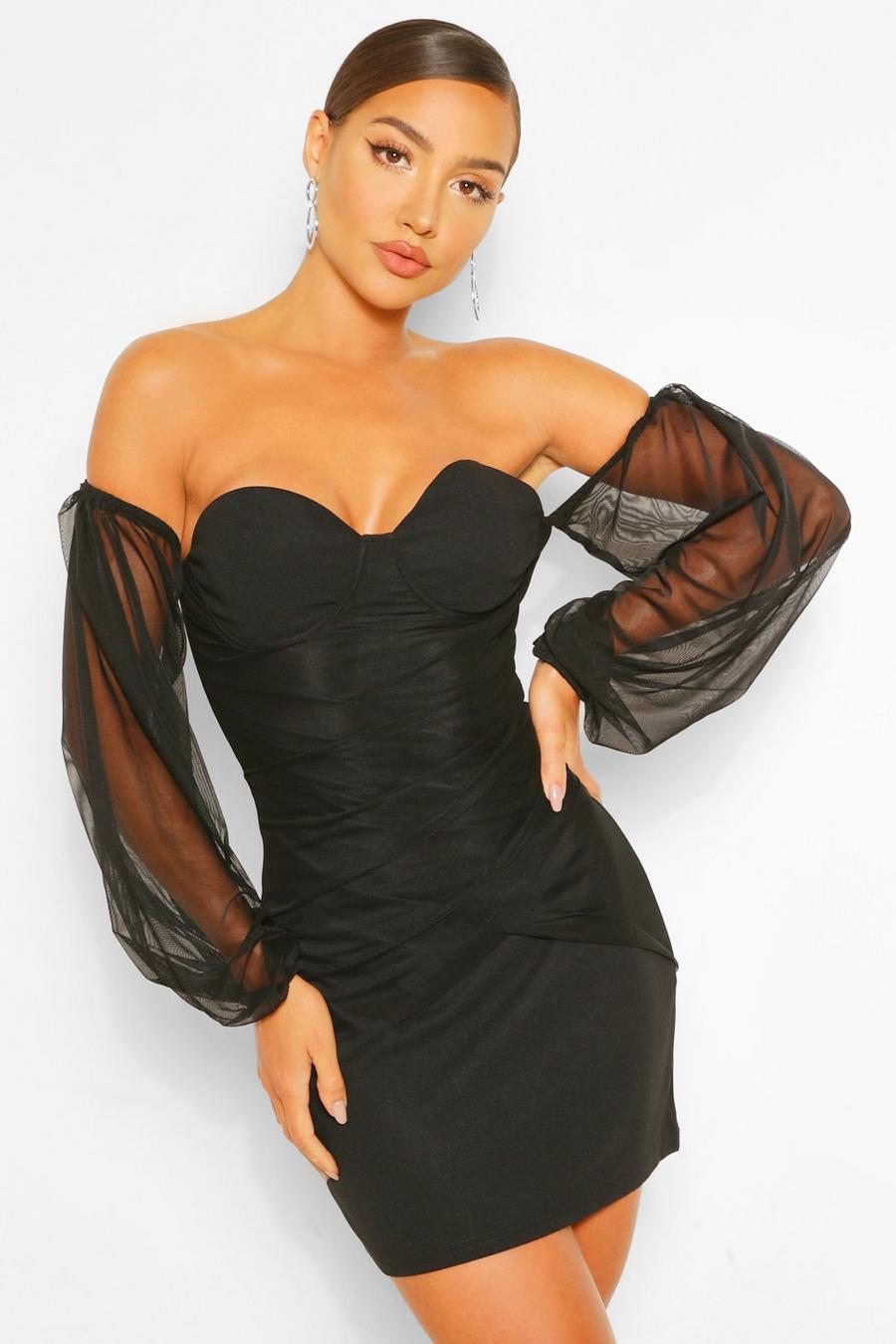 שחור שמלת מיני צמודה מבד רשת עם כתפיים חשופות image number 1