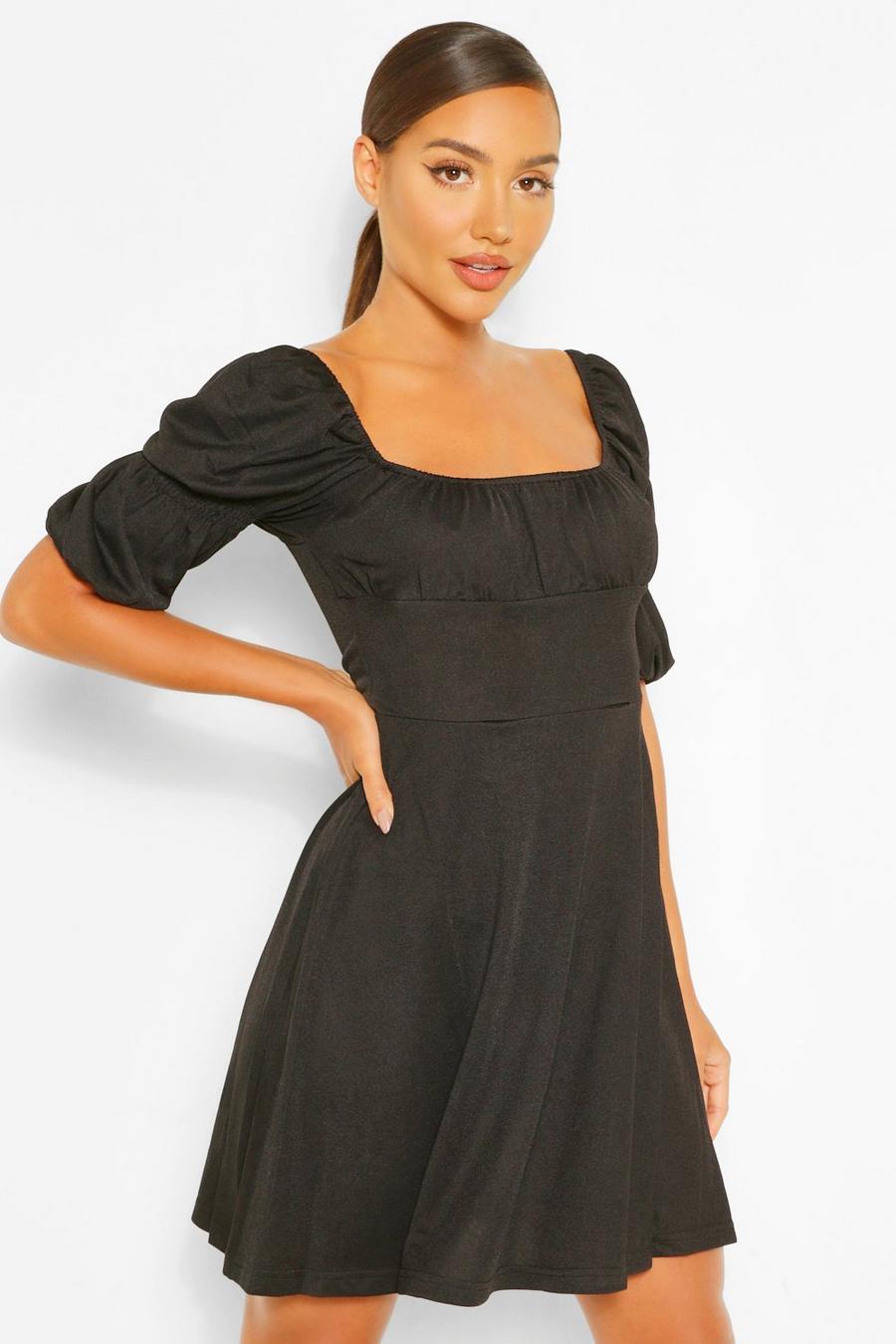 Black Puff Sleeve Rouched Bust Skater Dress image number 1