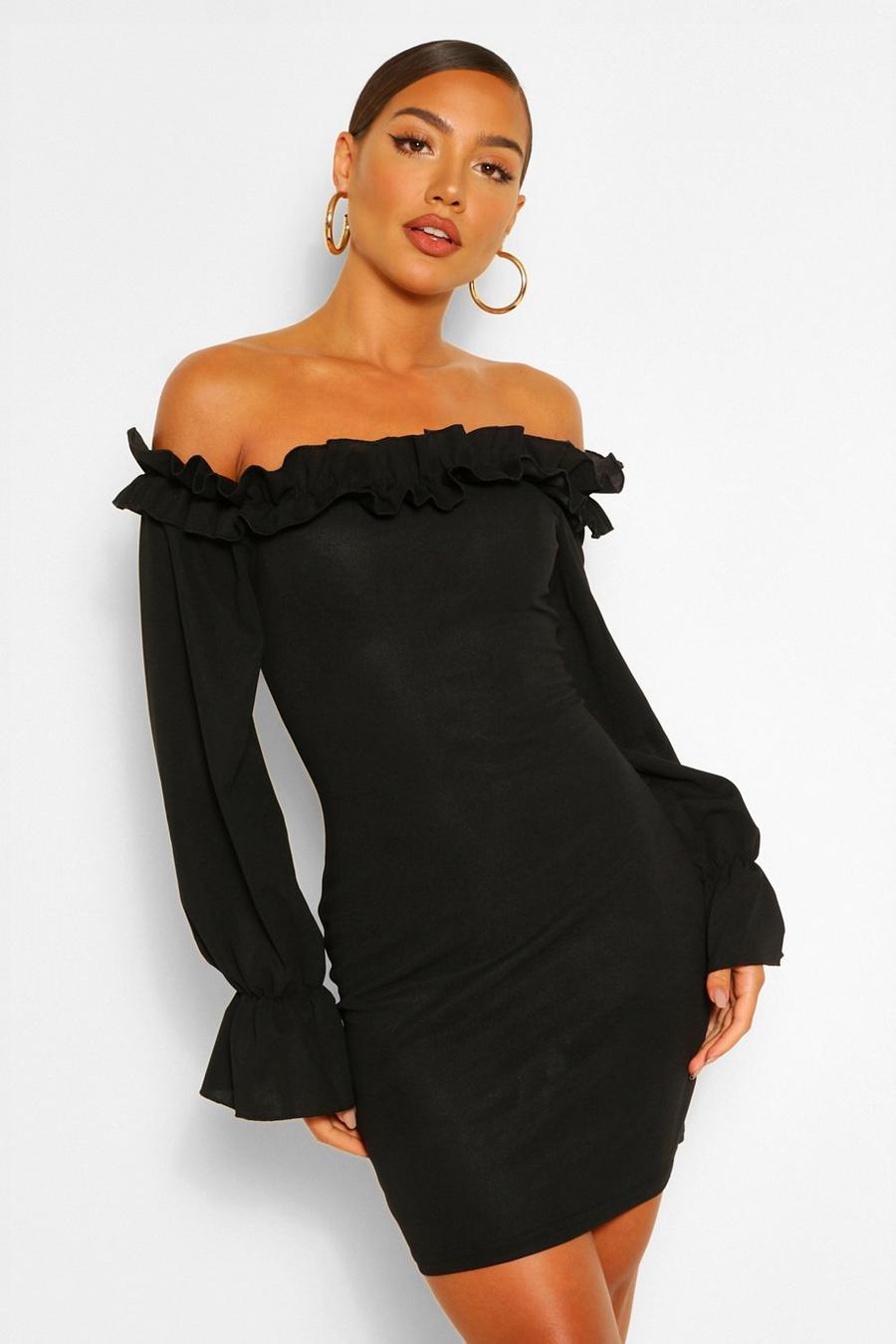 שחור שמלת מיני צמודה עם כתפיים חשופות וכפלים image number 1