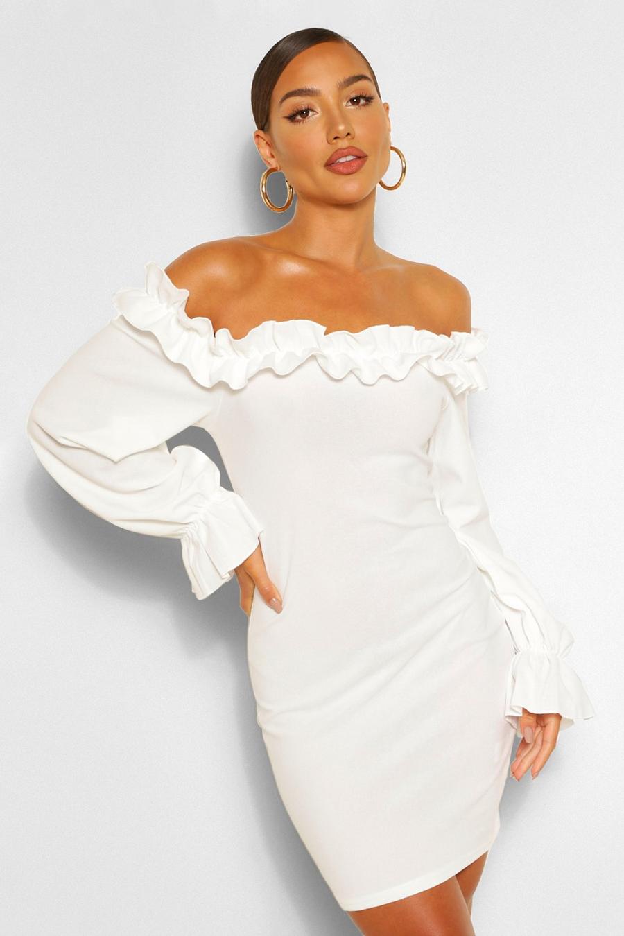 White Rouched Detail Off Shoulder Bodycon Mini Dress image number 1