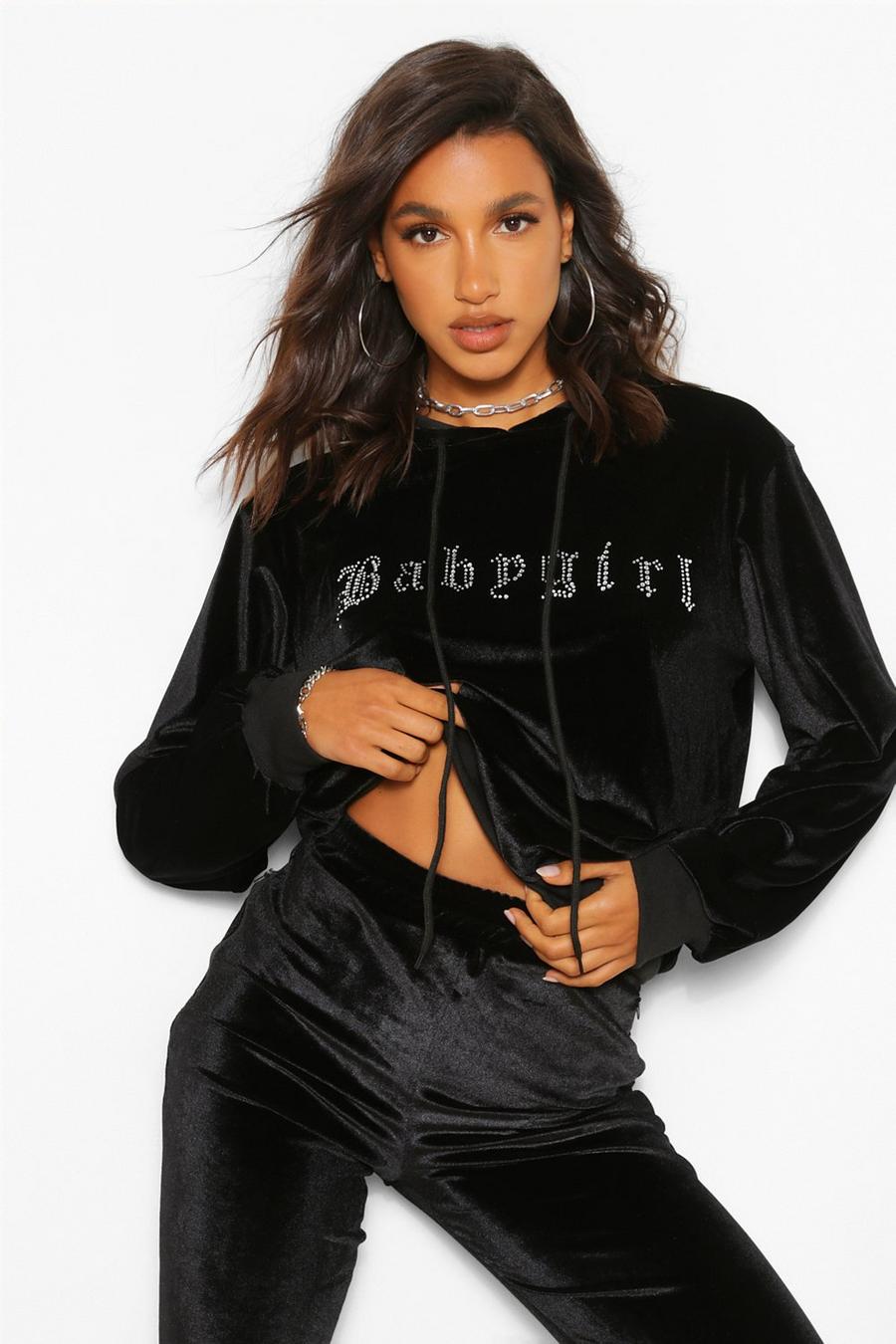 Sudadera con capucha y estampado de eslogan "Babygirl" de pedrería, Negro image number 1