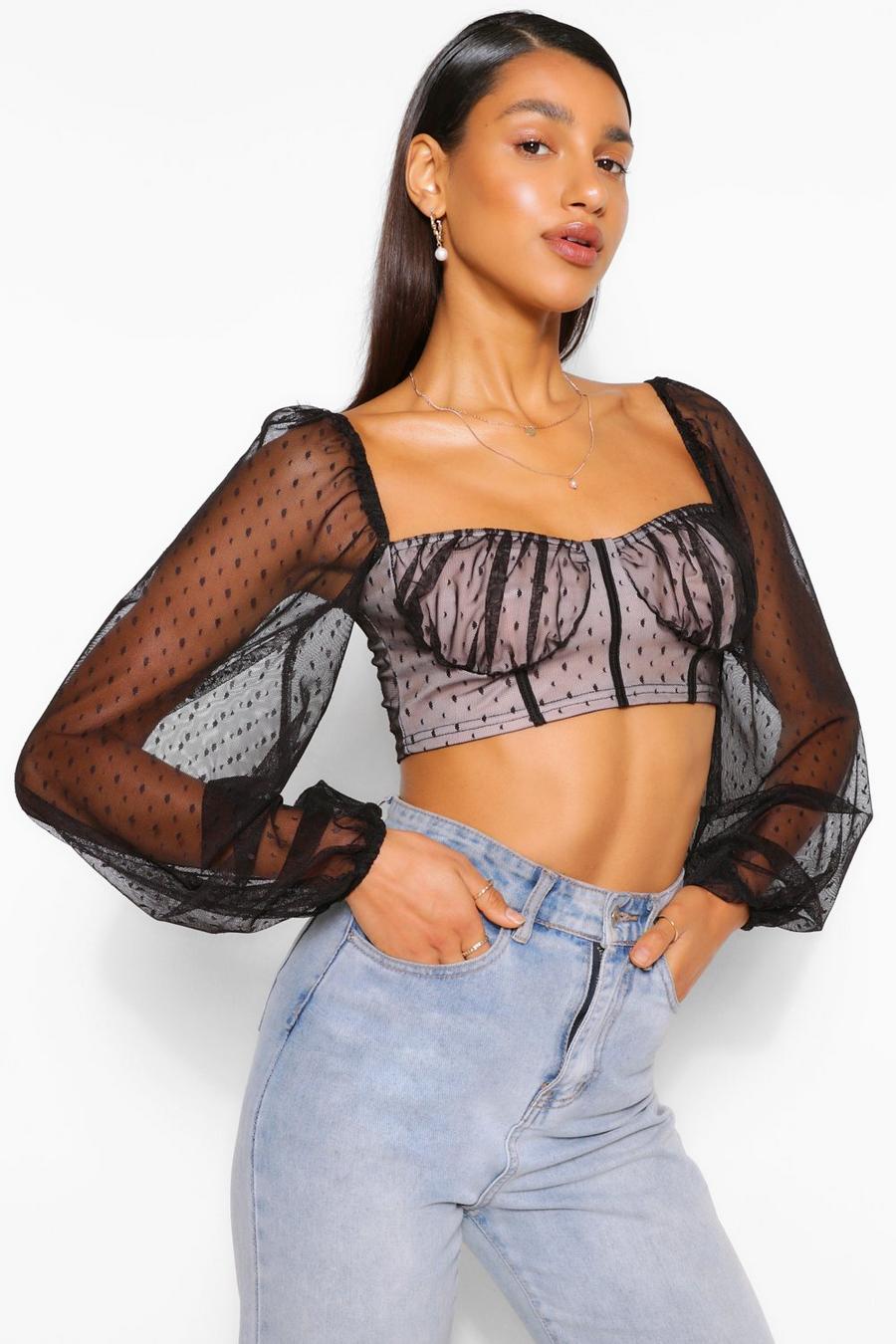 Black Volume Sleeve Corset Crop Top image number 1