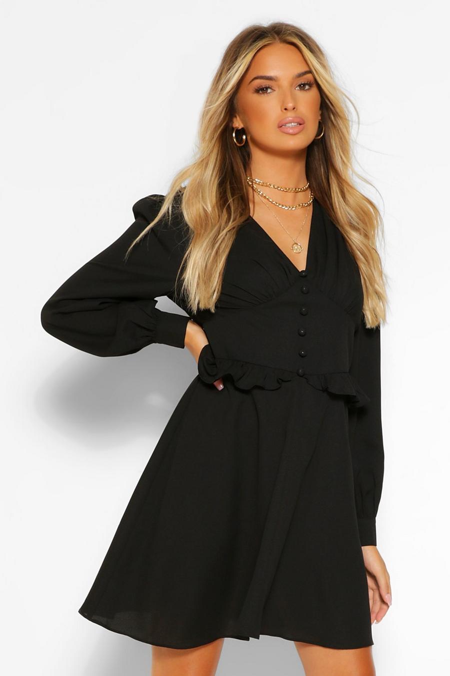 שחור שמלת סקייטר עם שרוולים תפוחים ועיטור כפתורים image number 1
