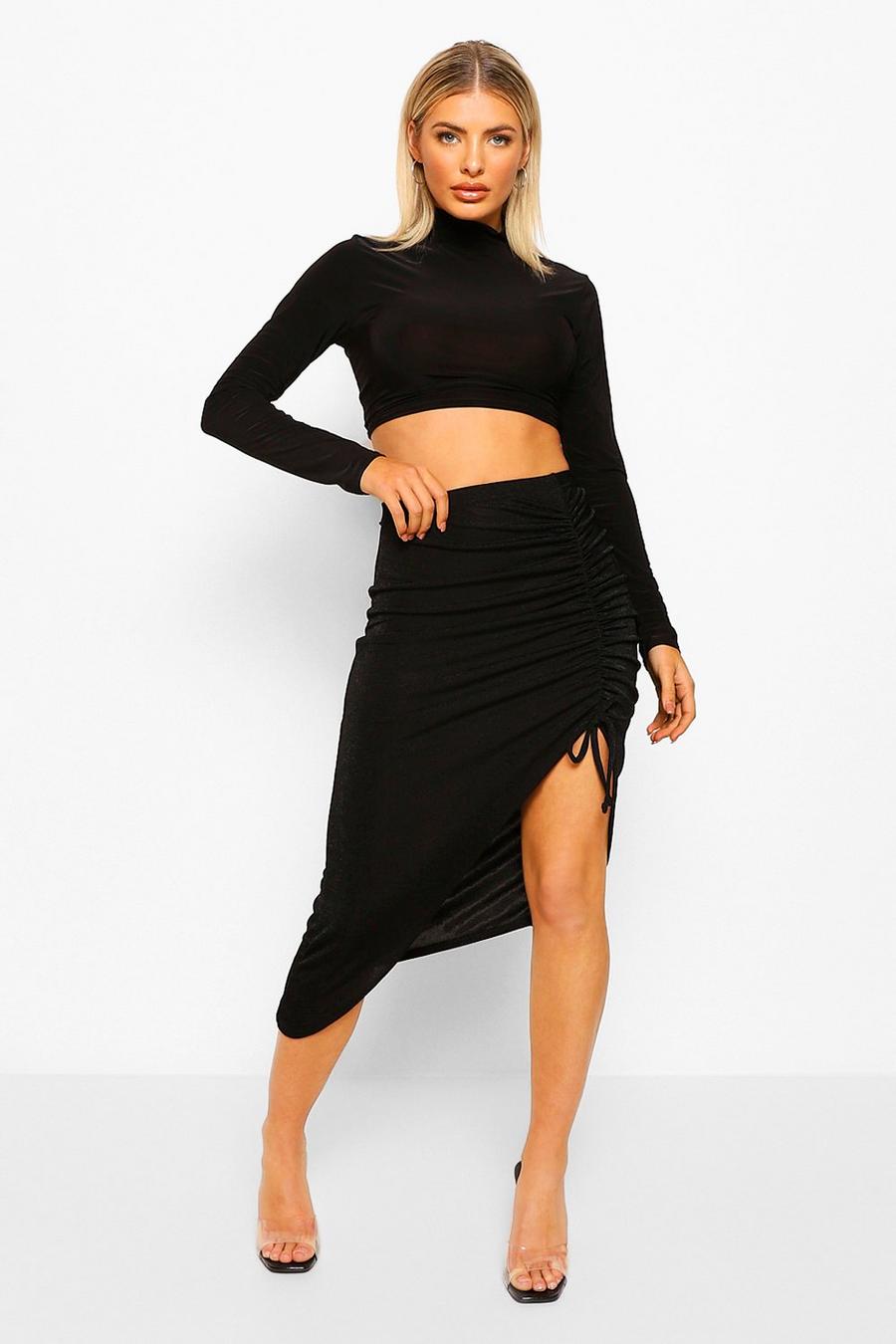Black Ruched Split Longer Length Midi Skirt image number 1