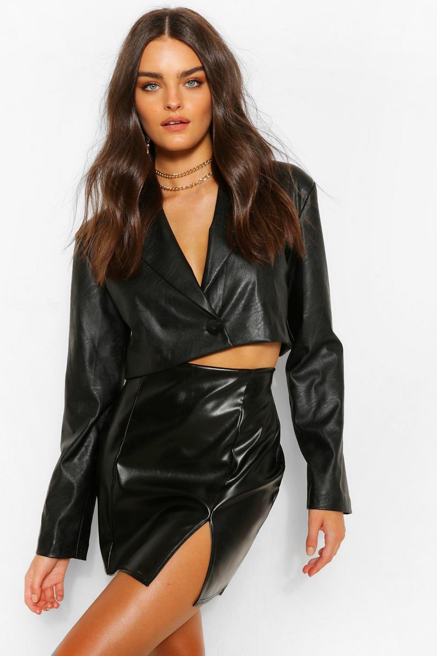 Black Super Stretch Leather Look Split Front Mini Skirt image number 1