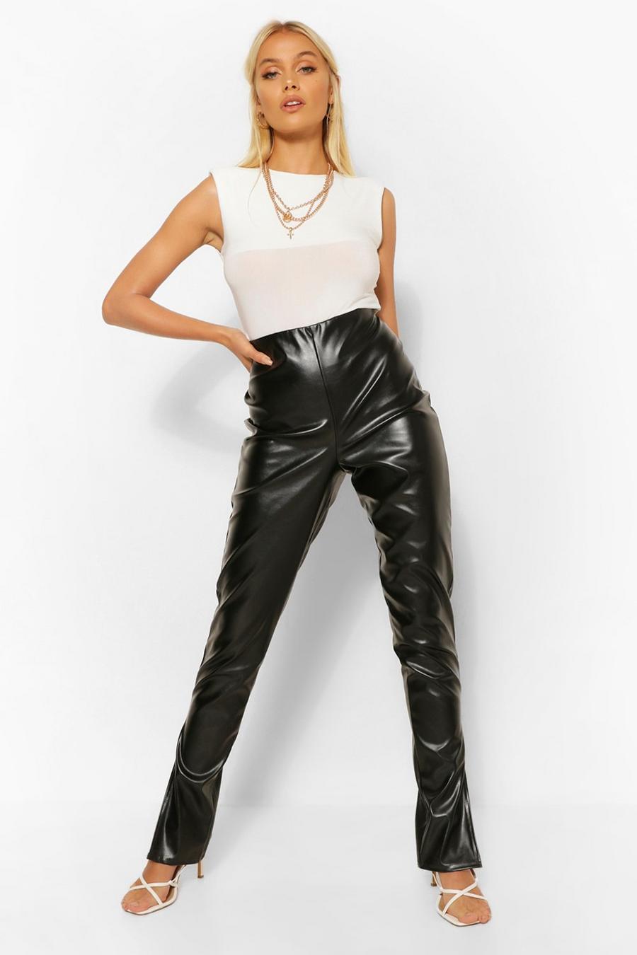 Black Super Stretch Leather Look Split Hem Trouser image number 1