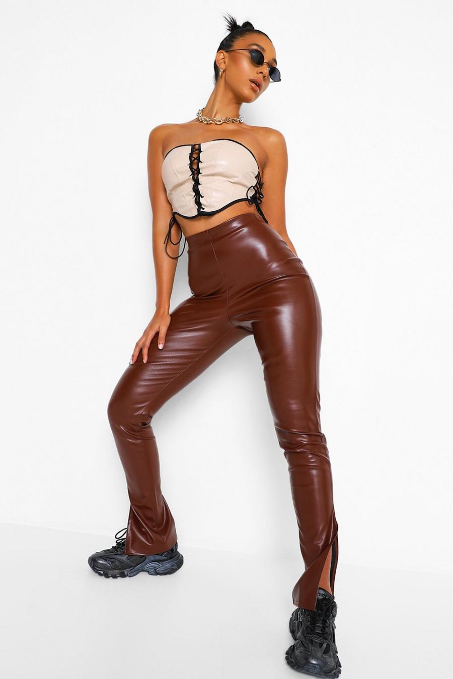 Chocolate Super Stretch Faux Leather Split Hem Pants image number 1