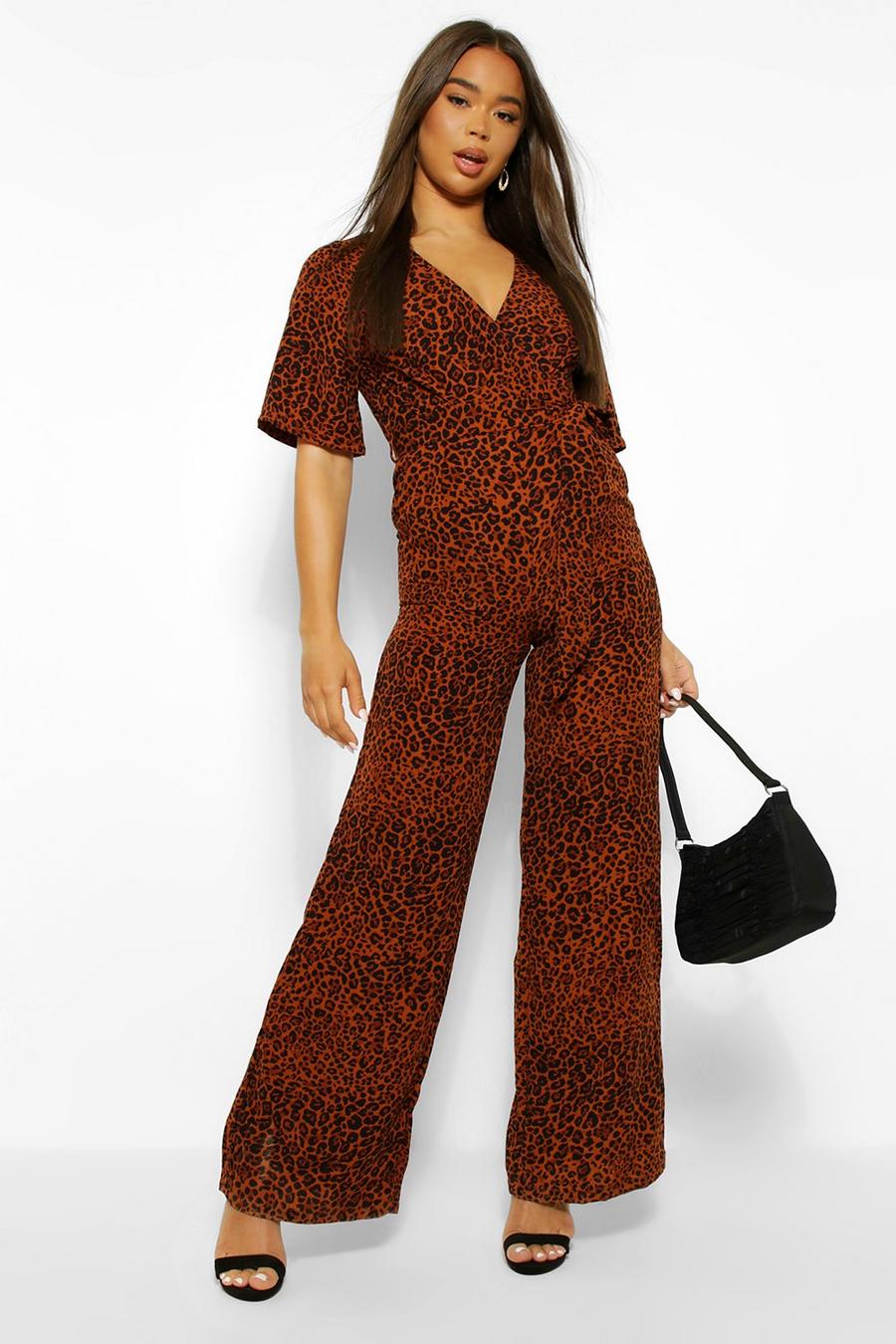 Tan Leopard Wrap Belted Kimono Sleeve Jumpsuit image number 1