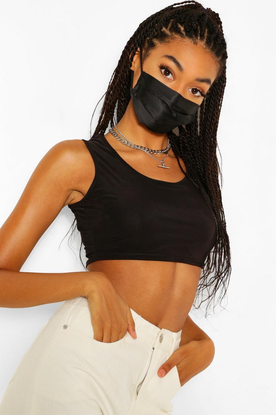 Black 5 Pack Pleated Satin Fashion Face Mask image number 1