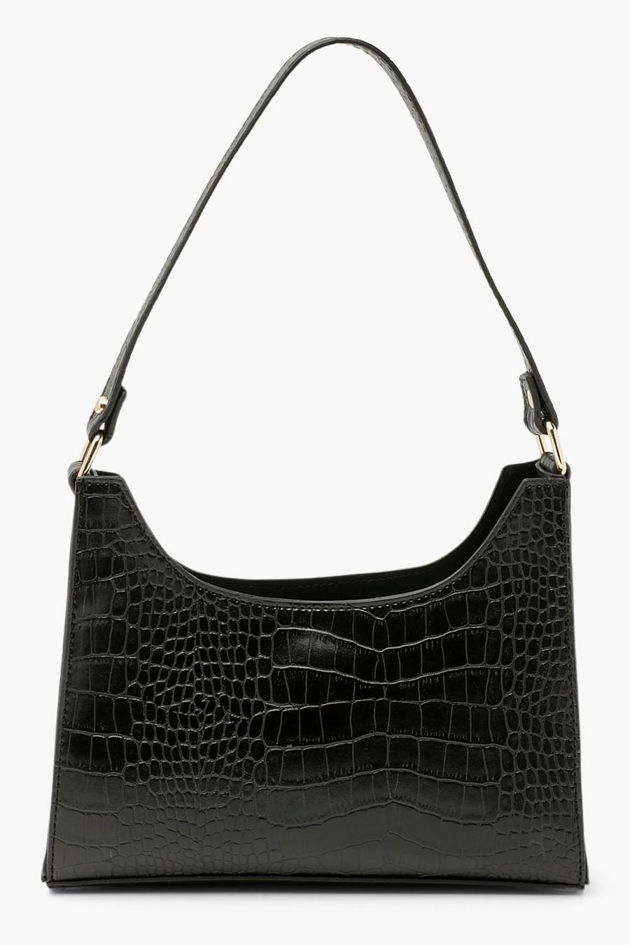 Black Croc Structured Shoulder Bag