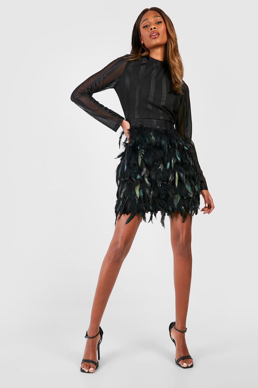 Black schwarz High Neck Feather Skirt Mini Party Dress