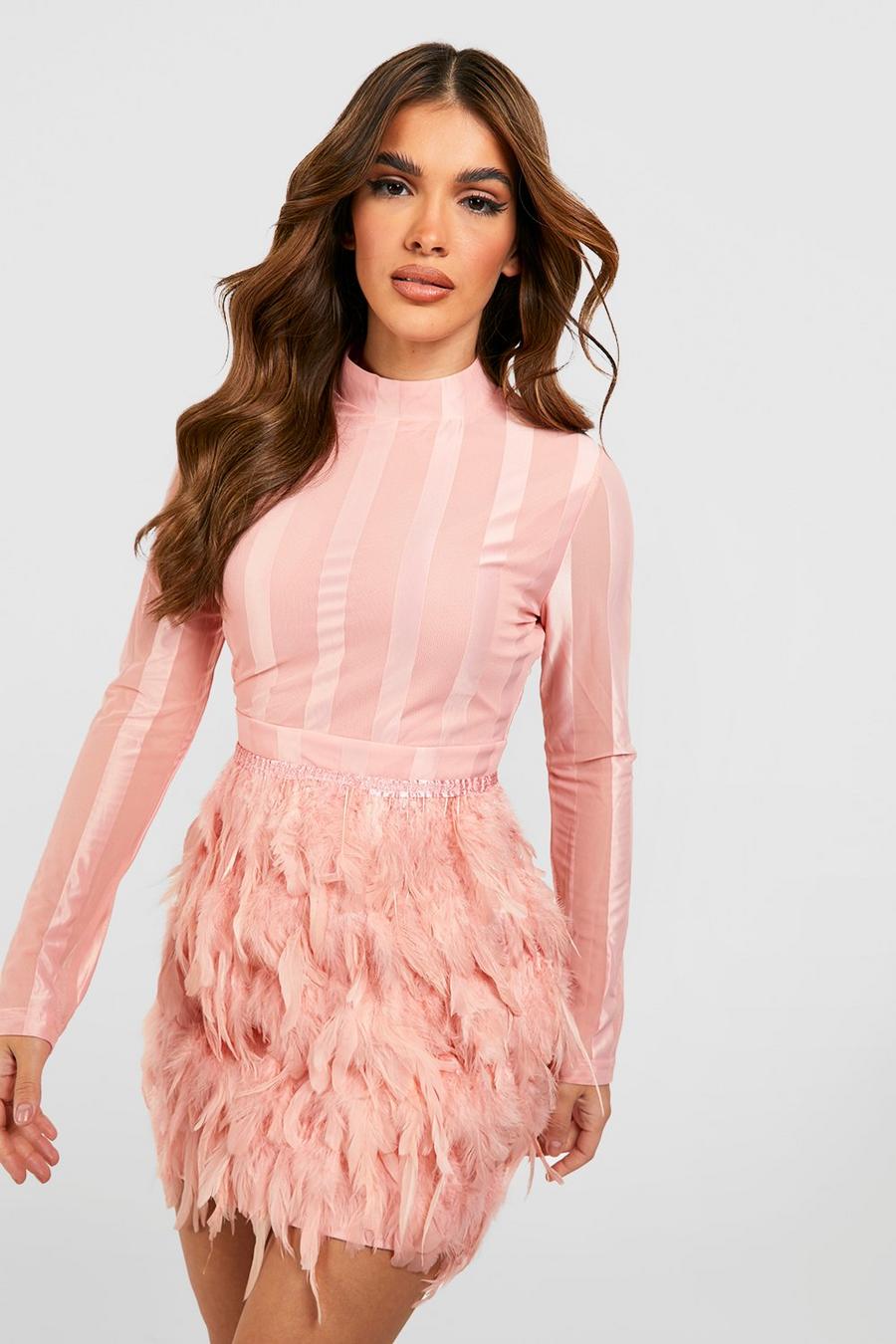 Blush pink High Neck Feather Skirt Mini Party Dress