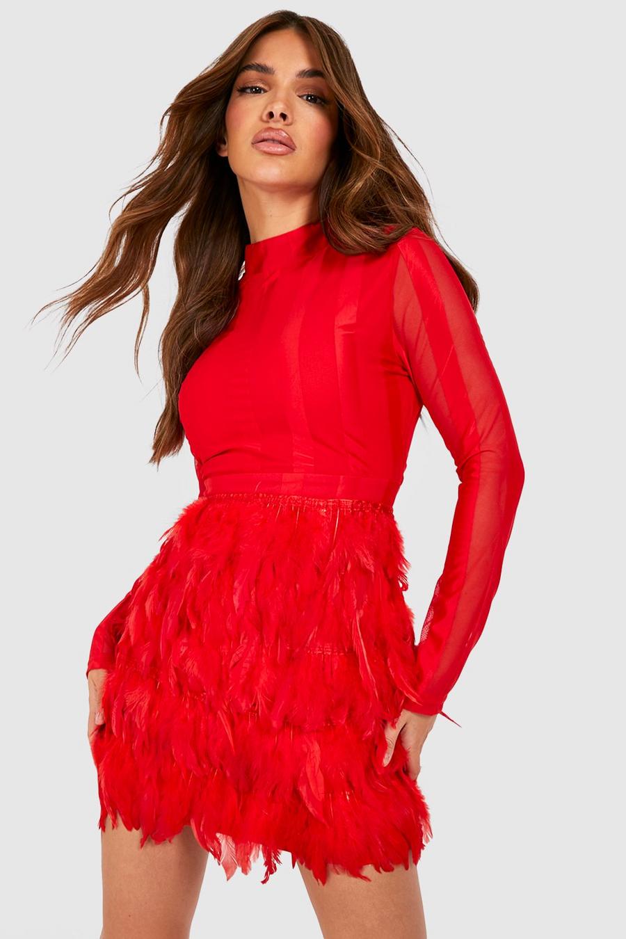 Red High Neck Feather Skirt Mini Party Dress image number 1