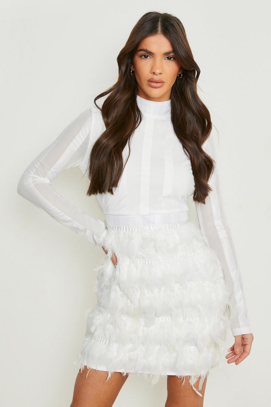 White High Neck Feather Skirt Mini Dress