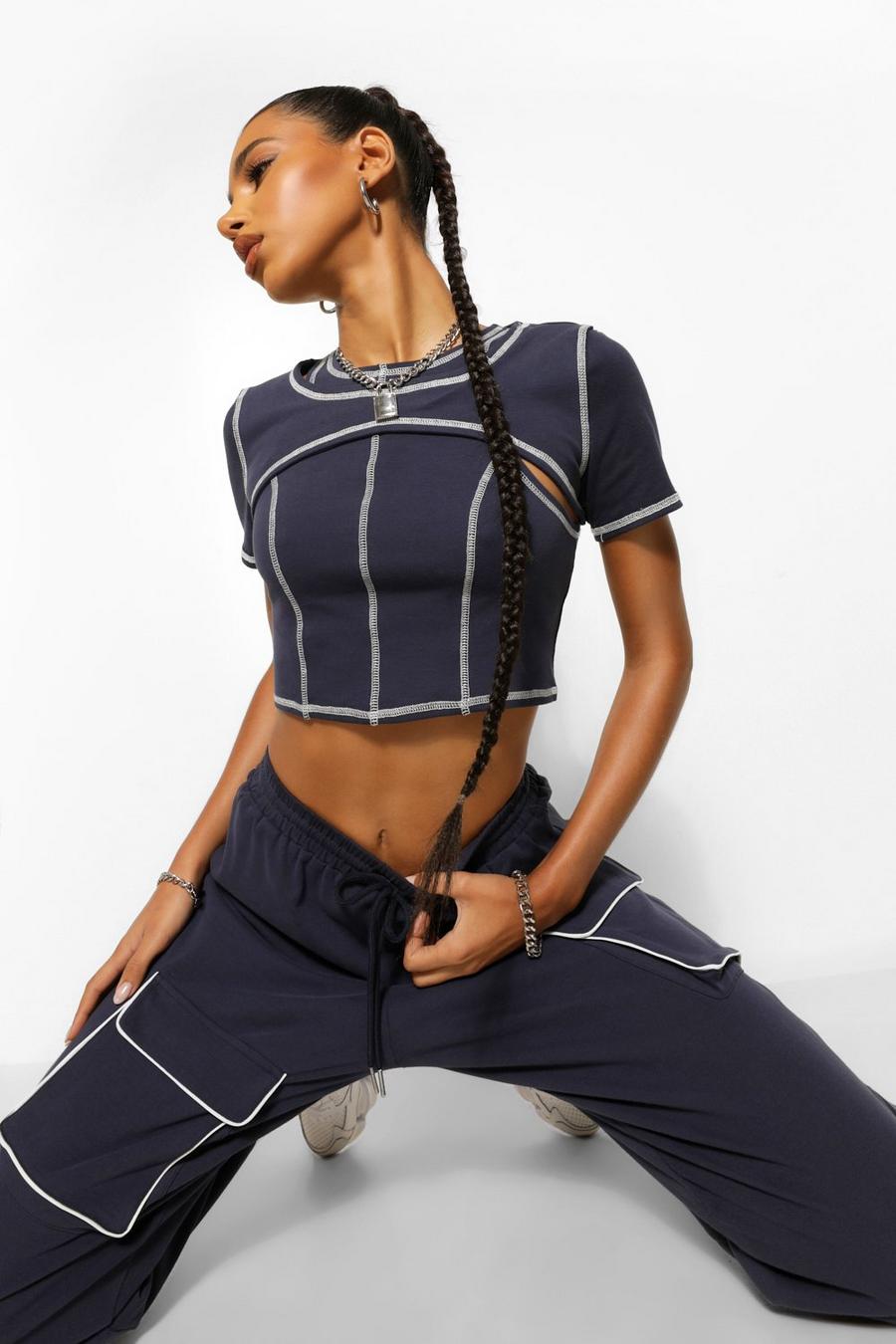 Navy Contrast Stitch Cut Out Crop Top image number 1