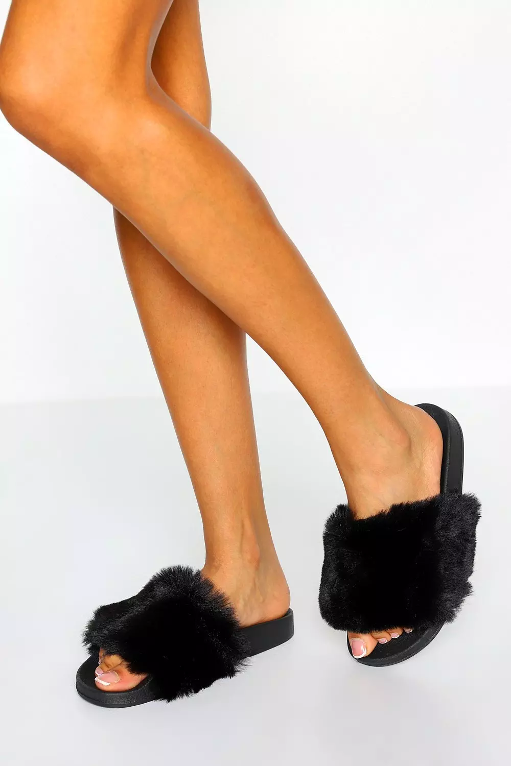 Black fluffy sliders online womens