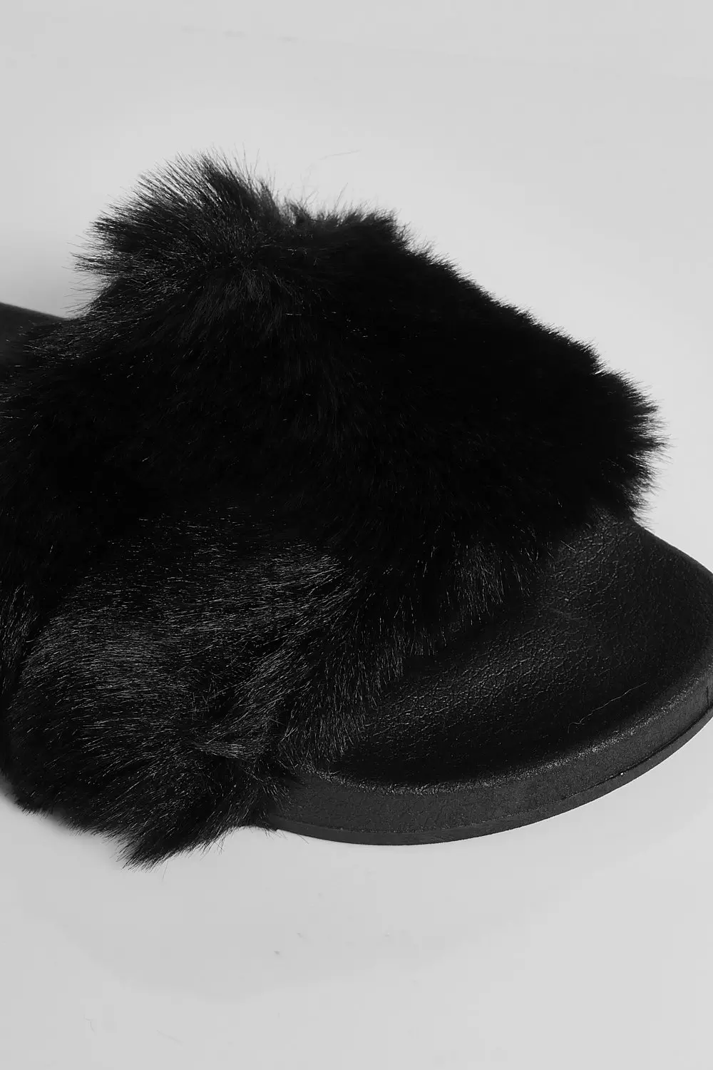 Black fluffy sliders with strap hot sale