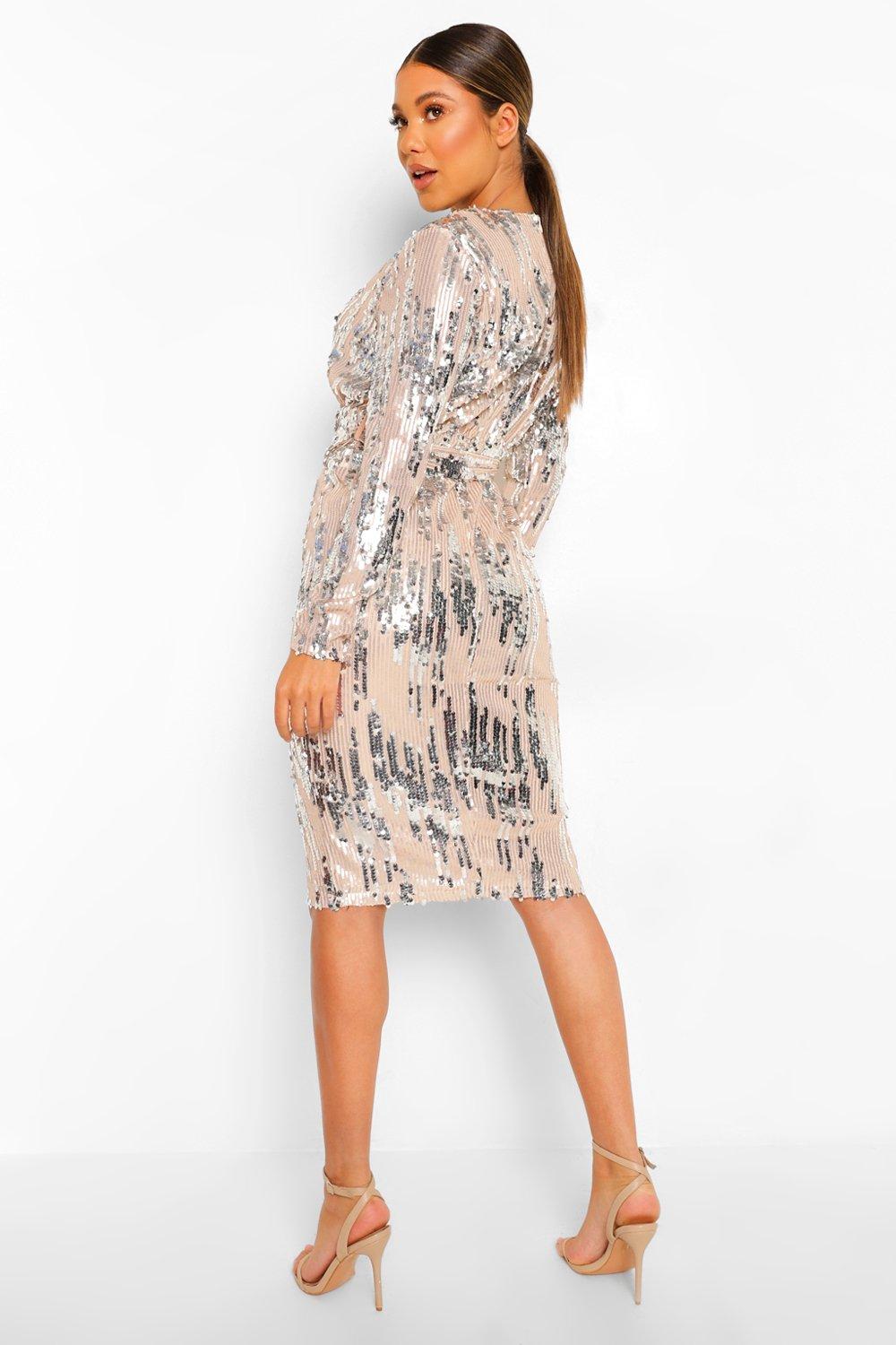 Sequin Long Sleeve Plunge Midi Dress boohoo