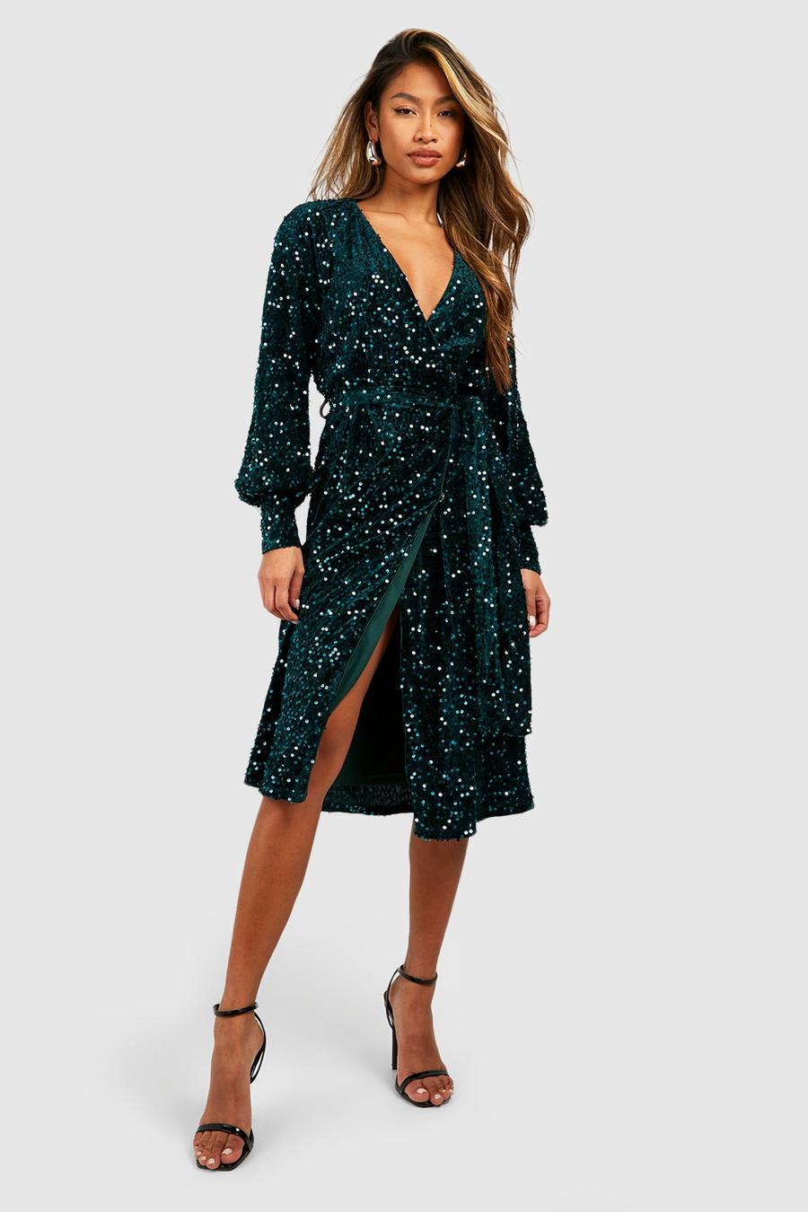 Green Sequin Long Sleeve Tie Waist Midi Party Dress image number 1