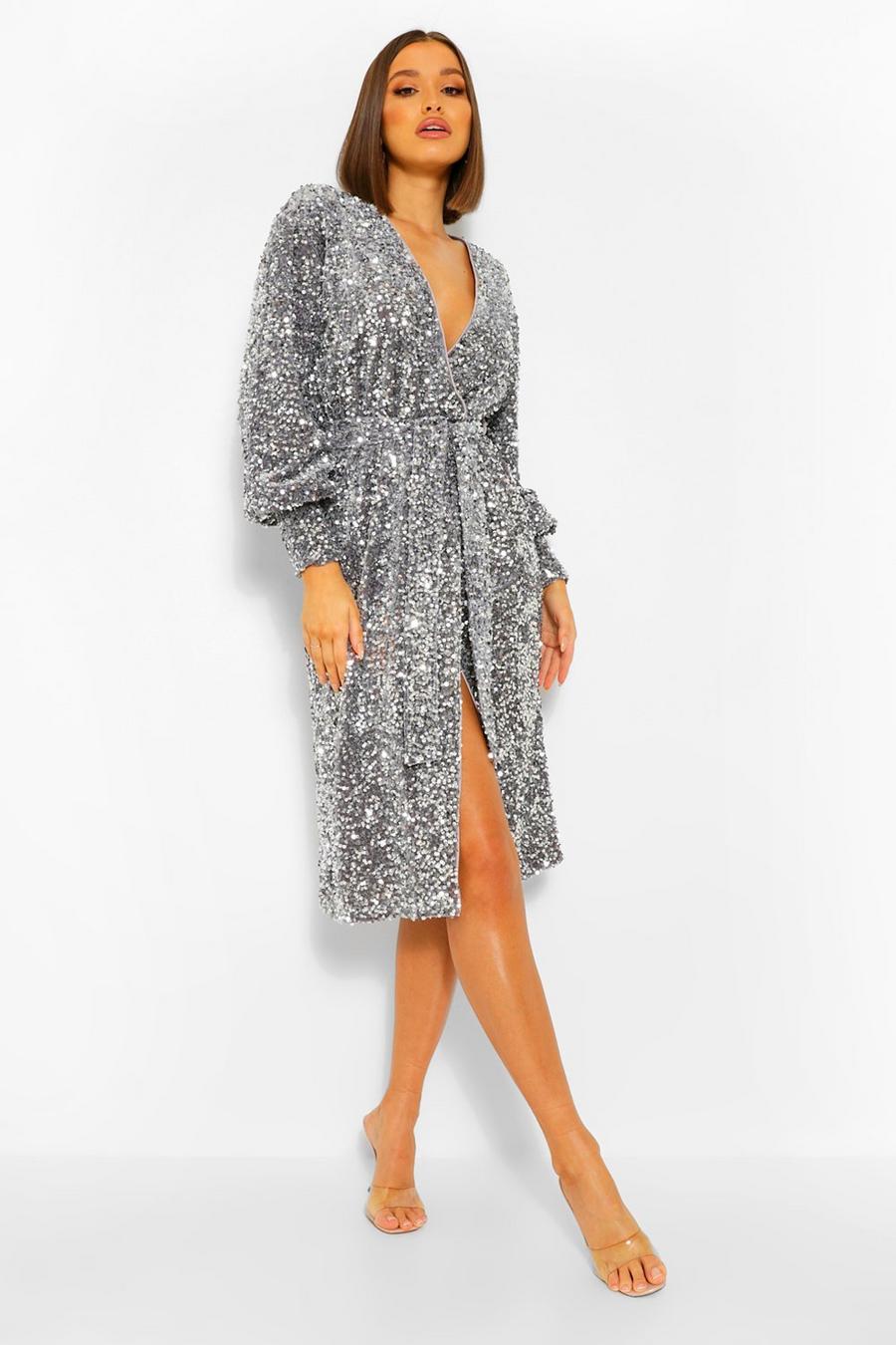 Grey Sequin Long Sleeve Tie Waist Midi Party Dress image number 1
