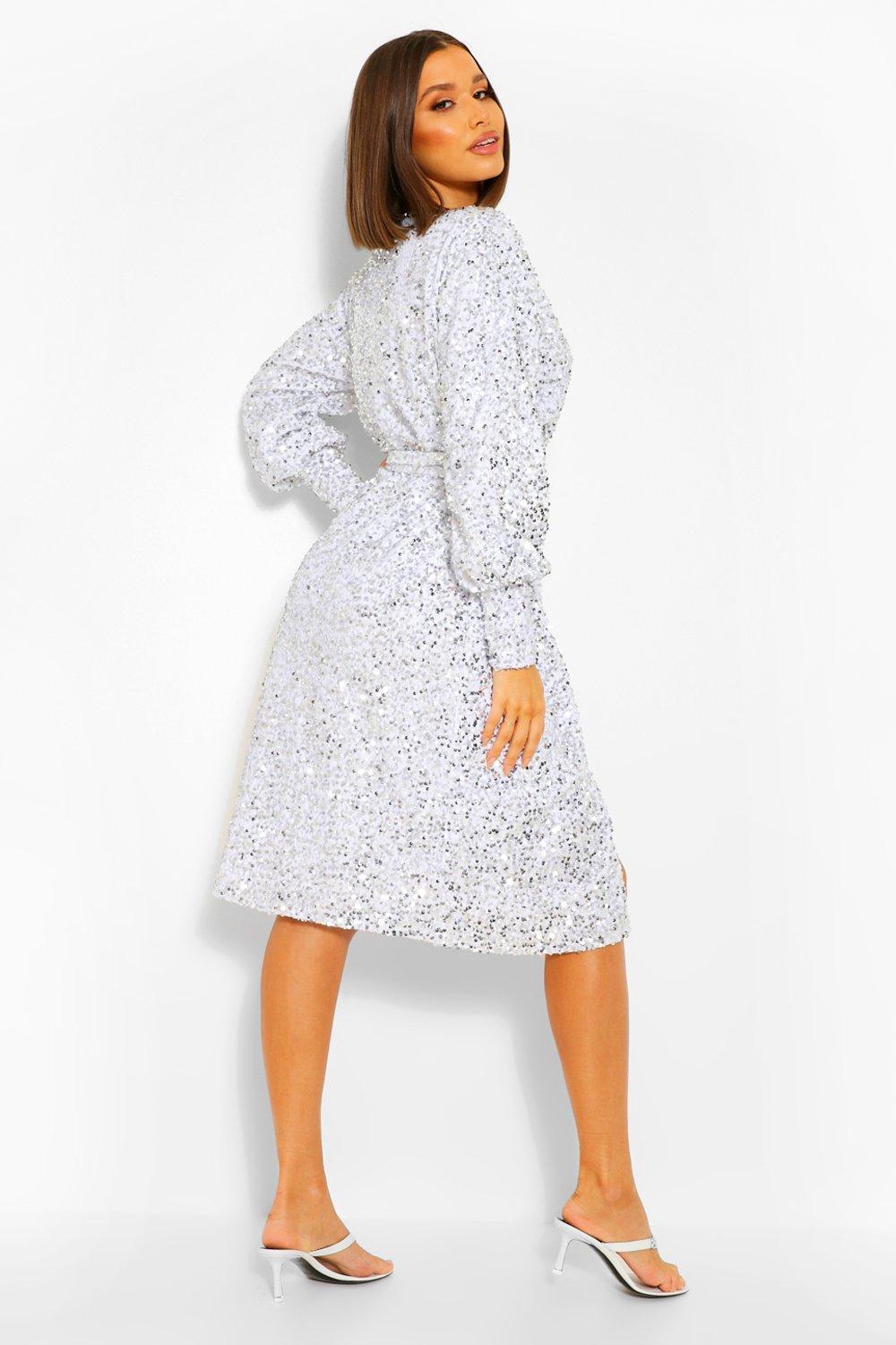 Sequin Long Sleeve Tie Waist Midi Party Dress